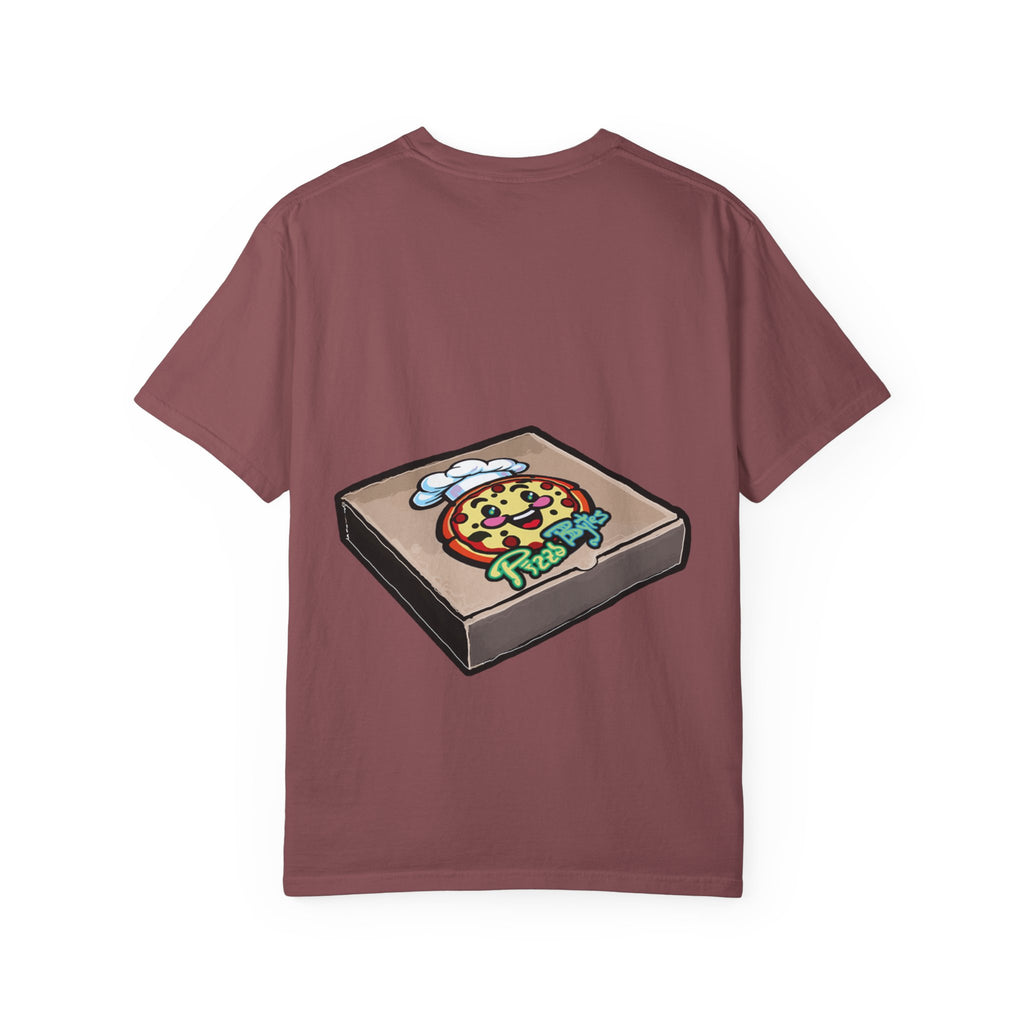 Hand-drawn empty pizza box t-shirt showing open box with grease stains on Comfort tee from PizzaBytes collection
