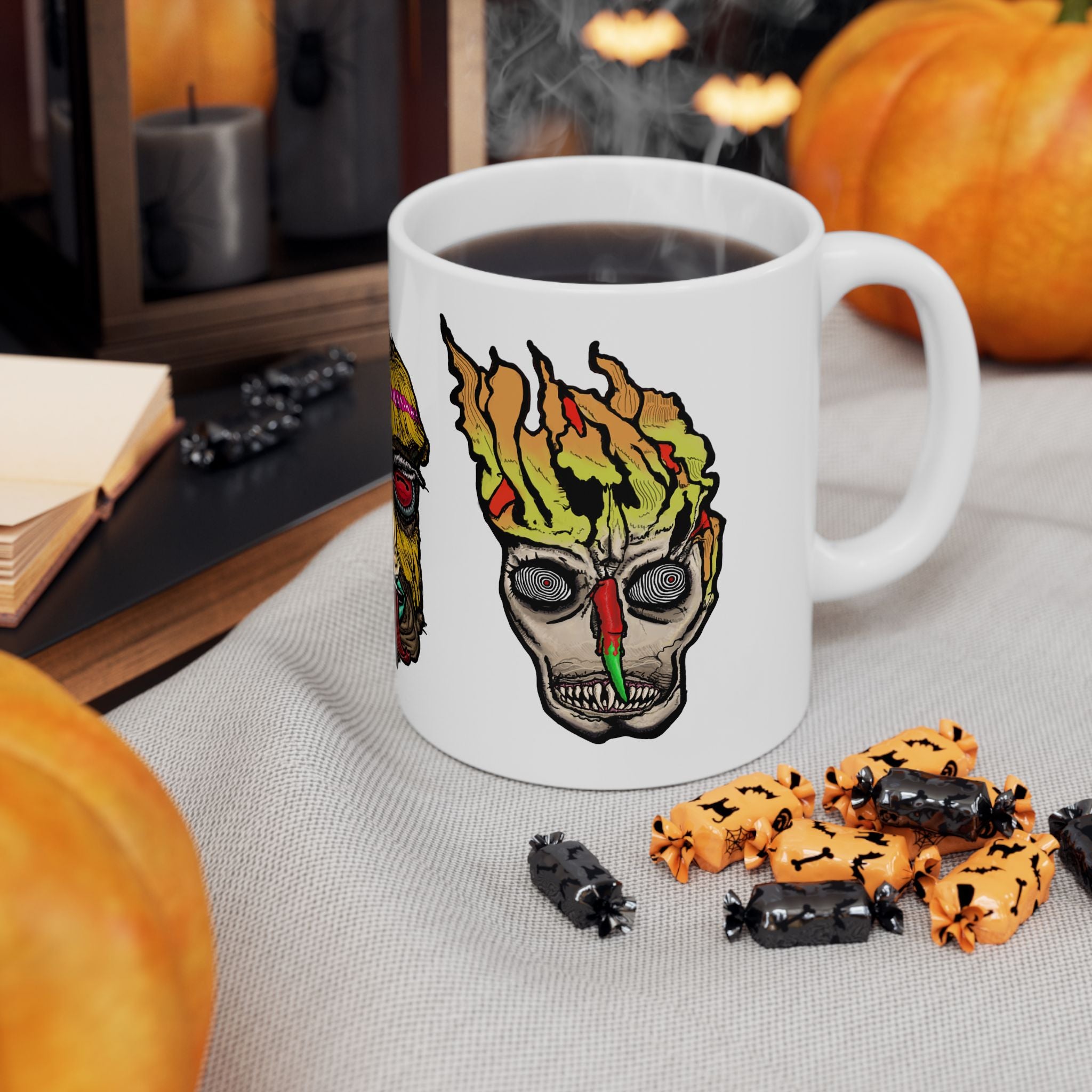 Freaky Features Ghost HorrorBird Flaming Skull mug showing three monster designs: creepy ghost with weapons, horror rooster, and flaming skull with chili nose on white ceramic mug