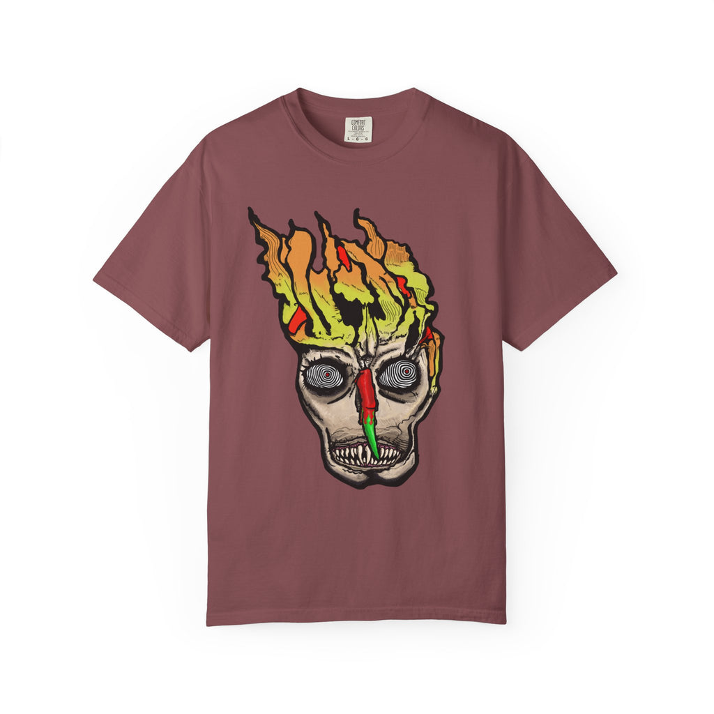 Freaky Features Flaming Skull t-shirt, front shows flaming skull with hypnotic eyes and chili nose, back shows open pizza box with loaded pepperoni pizza

