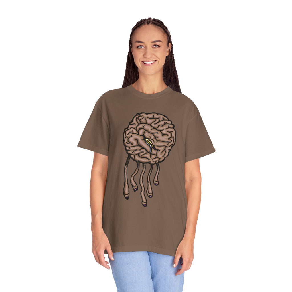 Freaky Features Sad Brian t-shirt, front shows a sad dripping brain monster with tentacles, back shows an open pizza box with half-eaten cake dripping
