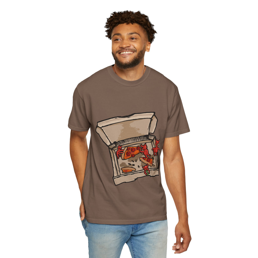 Hand-drawn little devils pizza box t-shirt showing open pizza box with cute red devils eating and stealing pepperoni pizza slices from PizzaBytes collection

