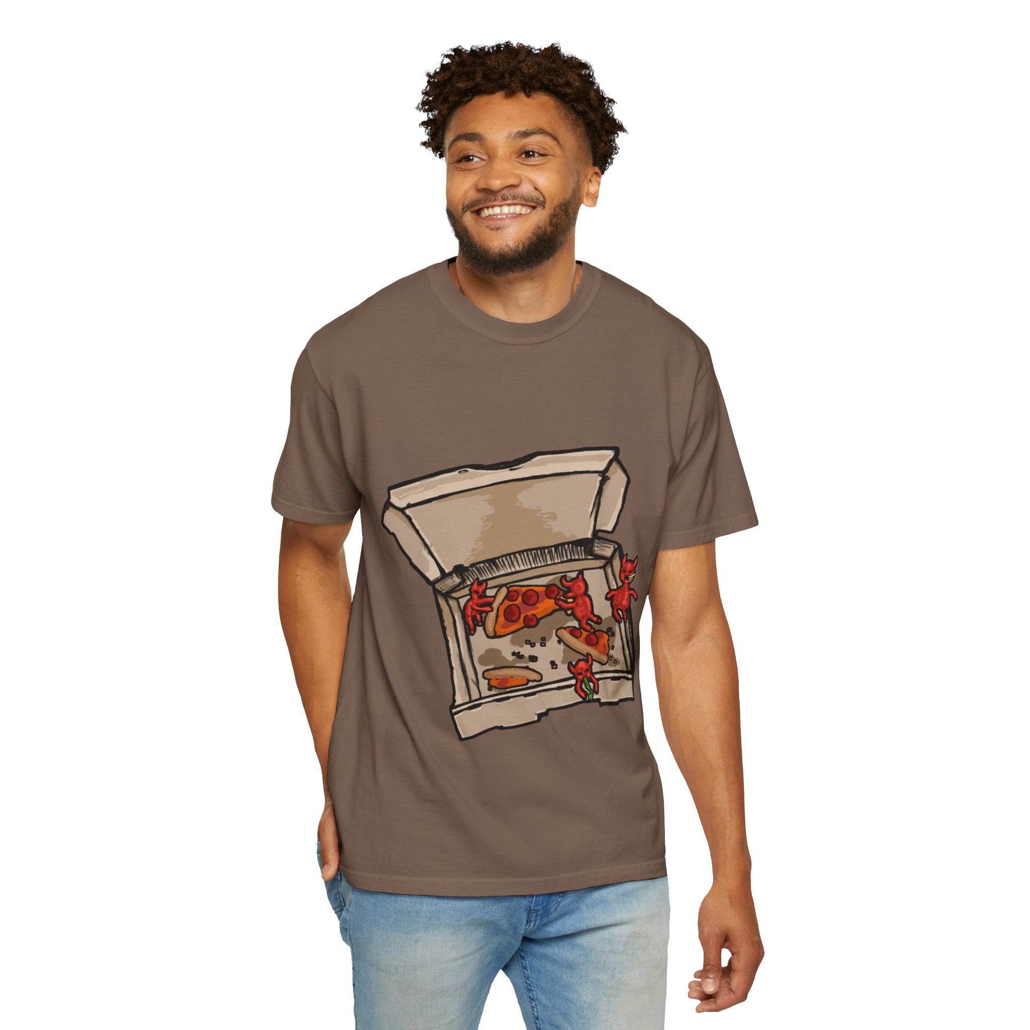 Hand-drawn little devils pizza box t-shirt showing open pizza box with cute red devils eating and stealing pepperoni pizza slices from PizzaBytes collection

