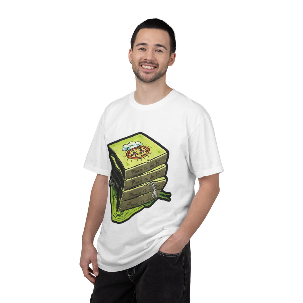 Hand-drawn toxic pizza stack t-shirt with glowing green pizza character and slimy tentacle on tee from PizzaBytes collection