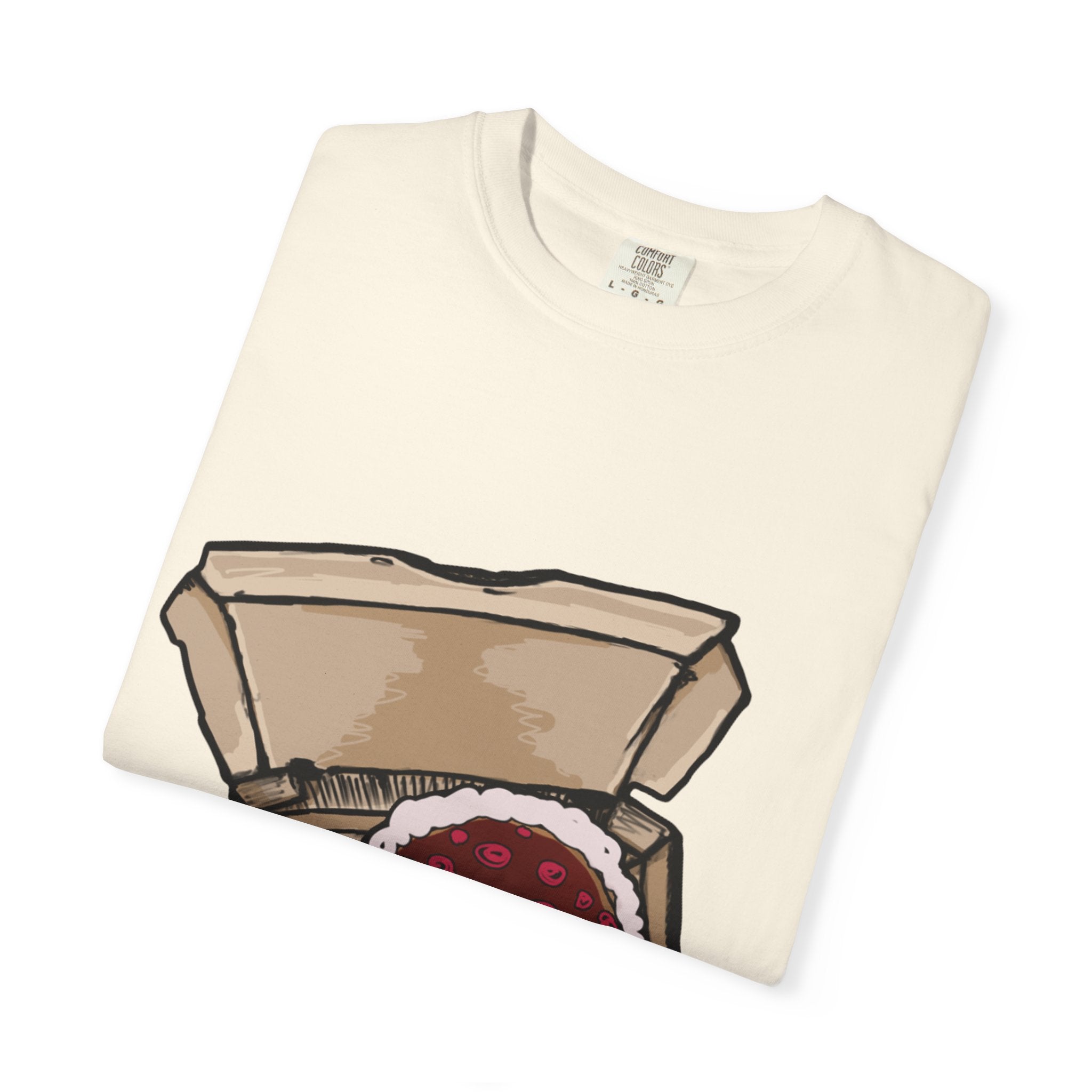 Hand-drawn cake pizza box t-shirt showing open pizza box with melting cake from PizzaBytes collection

