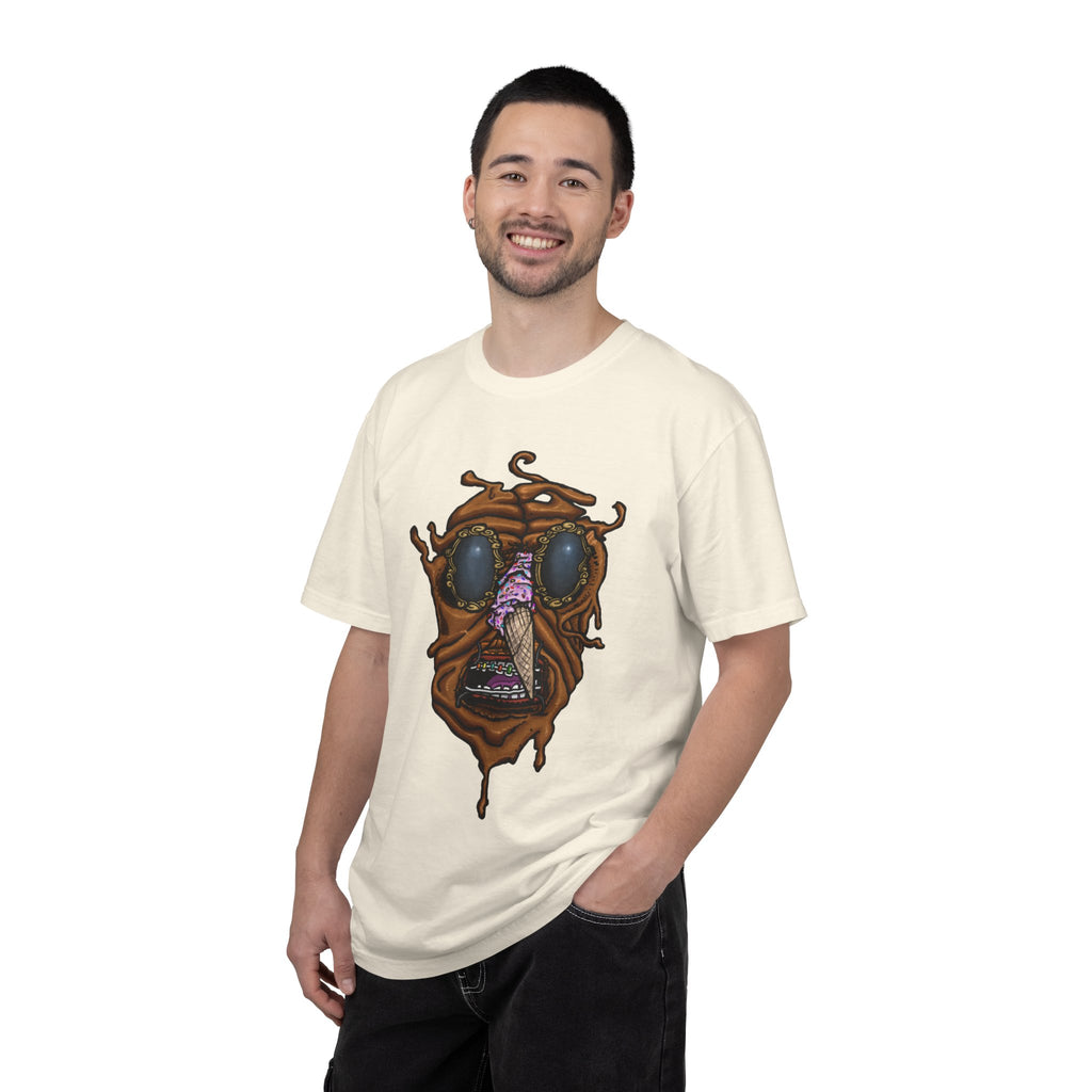 Freaky Features Sandi t-shirt, front shows melting chocolate monster head with ice cream cone nose, back shows open pizza box with donut inside

