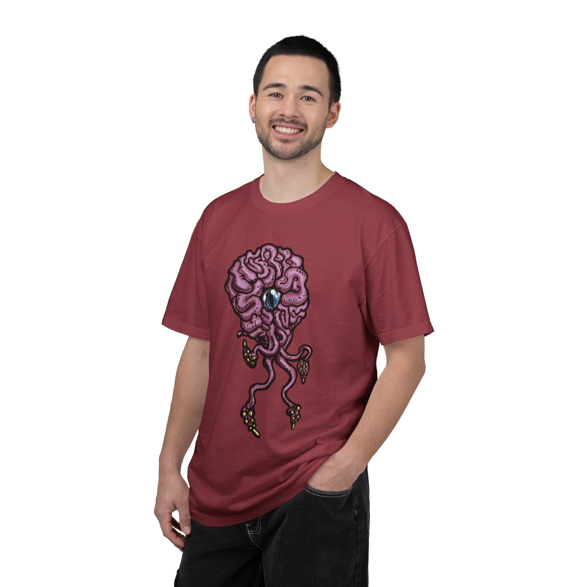 Freaky Features Brian t-shirt, front shows purple brain monster with tentacles, back shows open purple pizza box with a donut inside