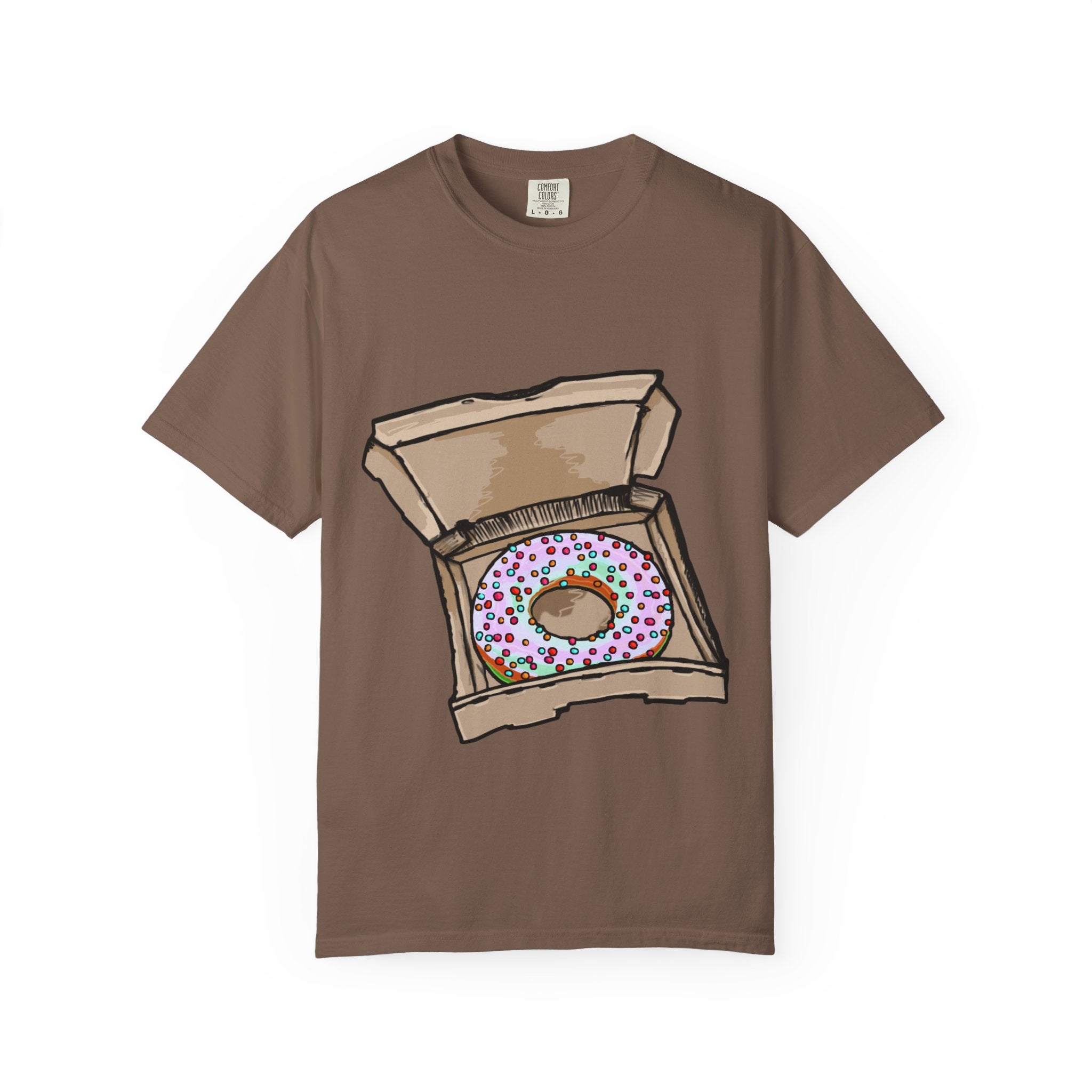 Hand-drawn rainbow donut pizza box t-shirt showing open pizza box with a colorful sprinkle donut from PizzaBytes collection

