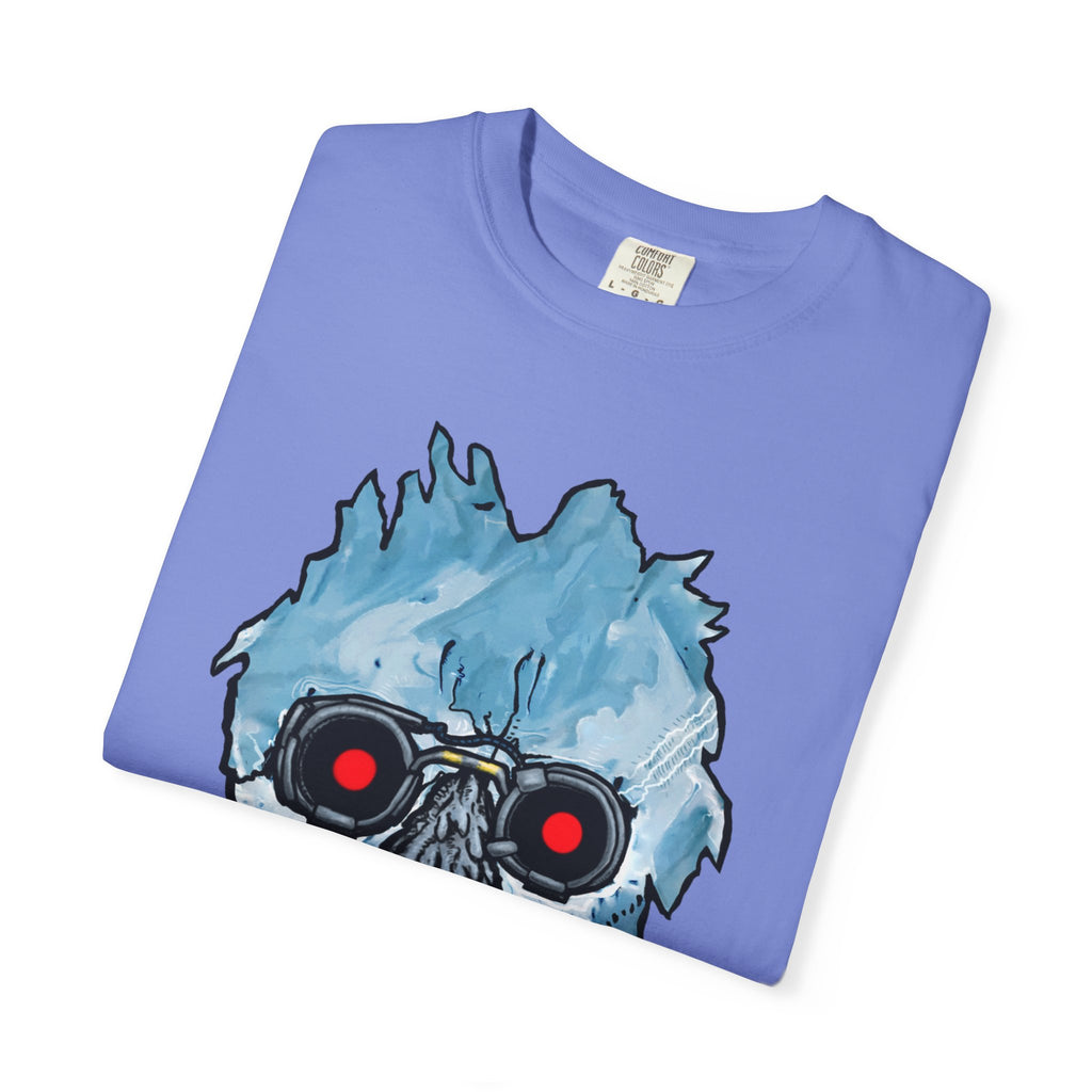Freaky Features Iceman t-shirt, front shows frozen ice monster head with red goggles and fangs, back shows open pizza box with ice pizza inside
