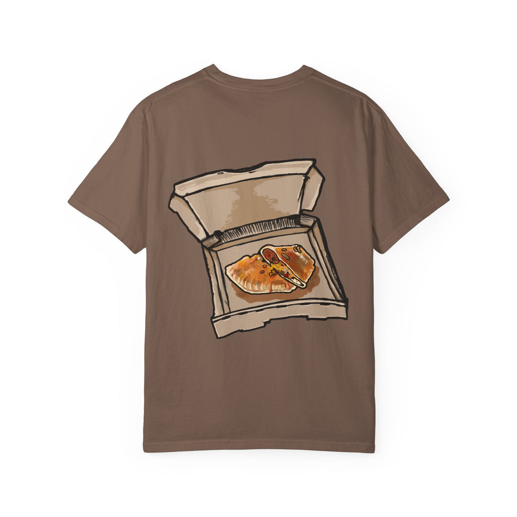 Freaky Features PumpkinJack t-shirt, front shows creepy pumpkin head with vine and candy-corn teeth, back shows open pizza box with two calzones inside