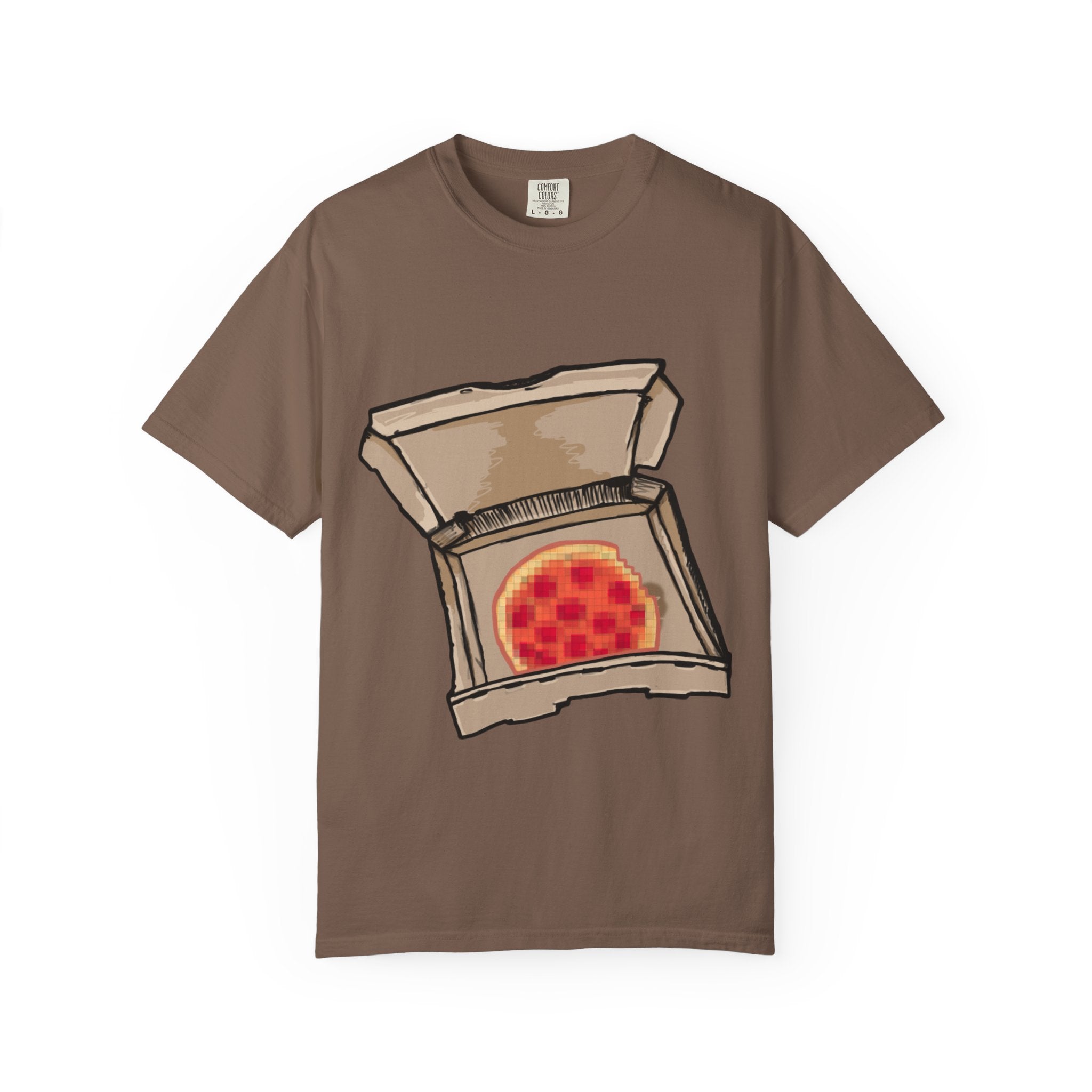 Hand-drawn pixel pizza box t-shirt showing open pizza box with 8-bit pixel art pepperoni pizza from PizzaBytes collection

