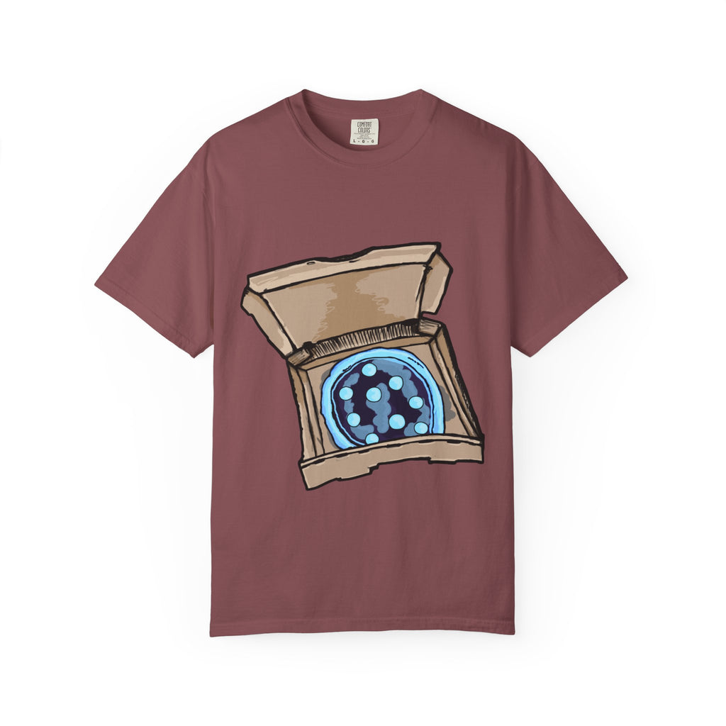 Hand-drawn ice pizza box t-shirt showing open pizza box with glowing blue ice pizza and floating orbs from PizzaBytes collection

