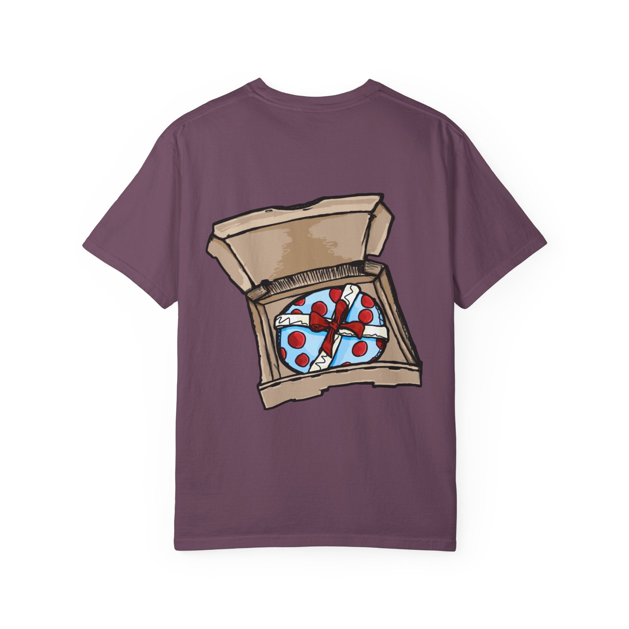 Freaky Features Gremlin t-shirt, front shows grotesque gremlin head with yellow hair and long tongue, back shows open pizza box with wrapped gift inside

