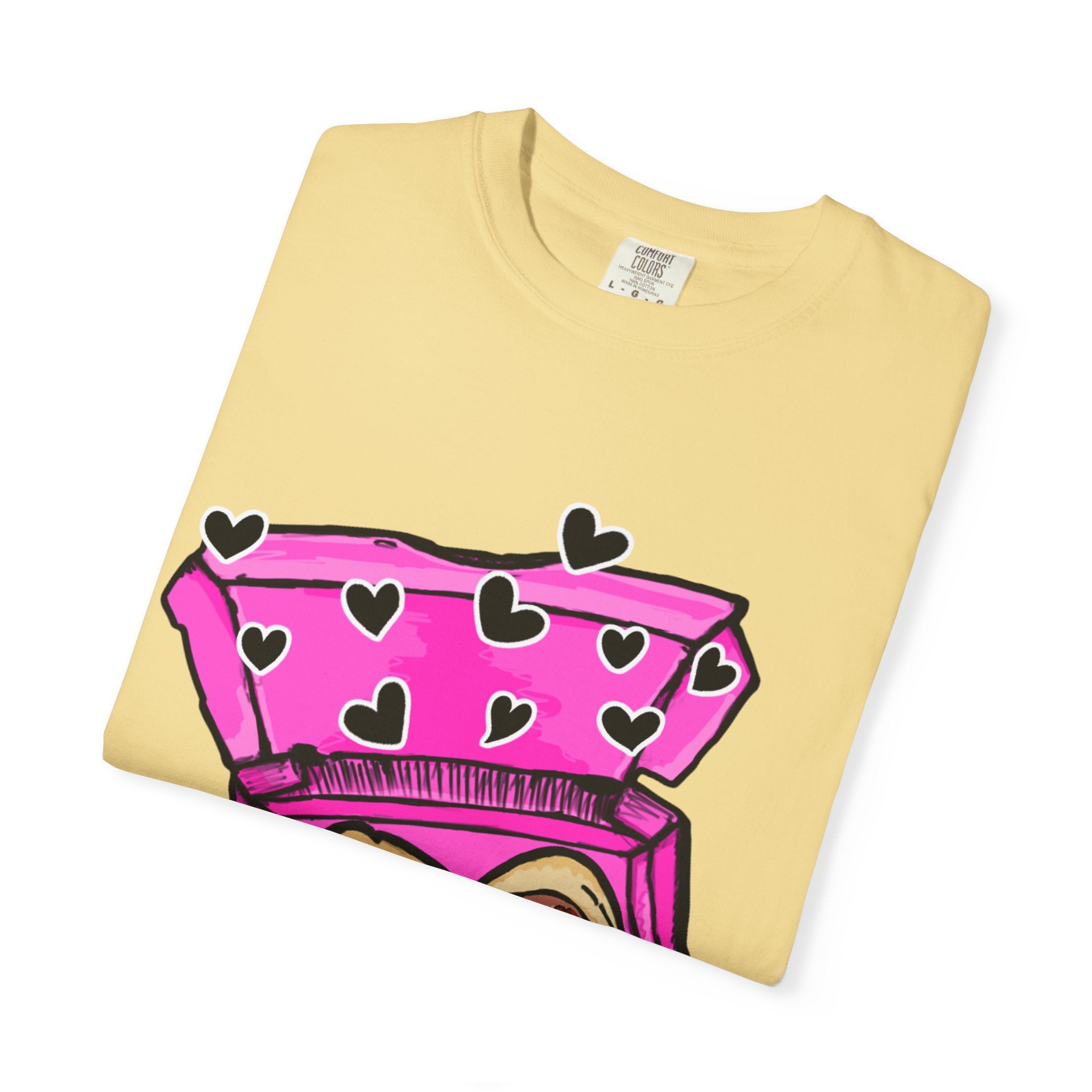 Hand-drawn heart pizza box t-shirt with pink pizza box, heart-shaped pepperoni pizza and floating black hearts on Comfort Color tee from PizzaBytes collection
