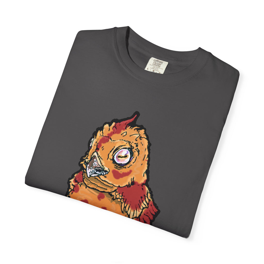 Hand-drawn spotted pizza owl monster t-shirt with melted cheese spots, pepperoni red markings and big multicolored eye tee from PizzaBytes collection