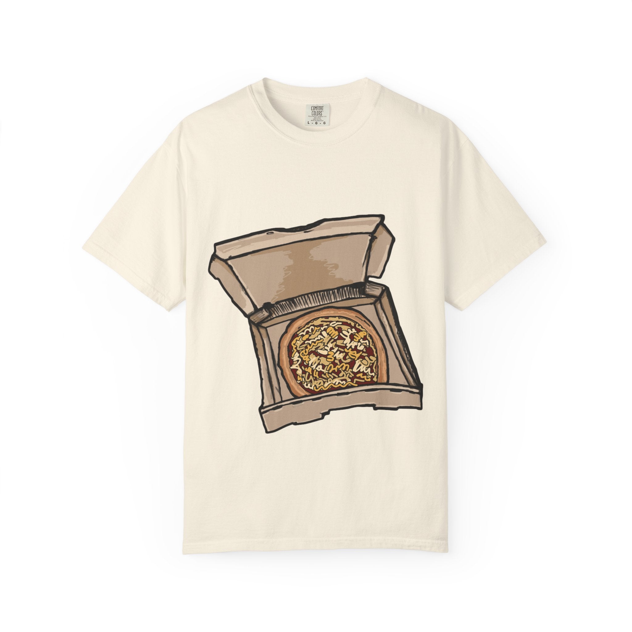 Hand-drawn noodle pizza box t-shirt showing open pizza box with pizza topped with crispy noodles from PizzaBytes collection




