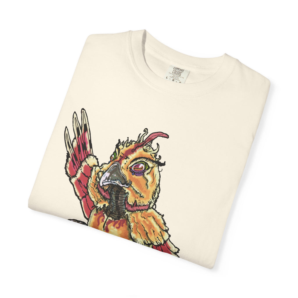 Fiery Inferno Phoenix Pizza Monster T-Shirt, Hand-drawn pizza phoenix with melted cheese flames, pepperoni wings, and glowing eyes on Comfort Colors tee from PizzaBytes collection
