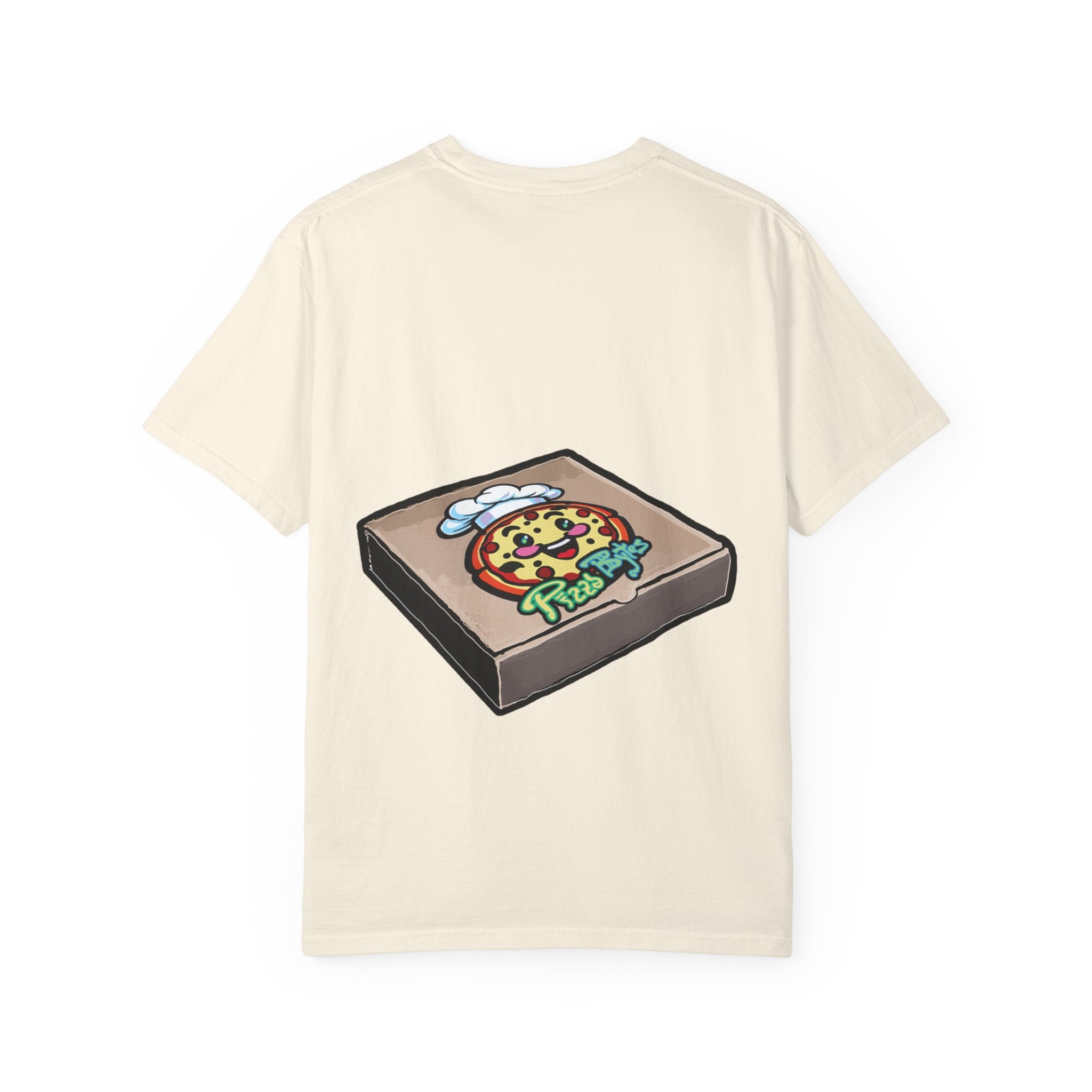 Hand-drawn TV pizza box t-shirt showing open pizza box turned into a retro television with pepperoni pizza on the screen from PizzaBytes collection

