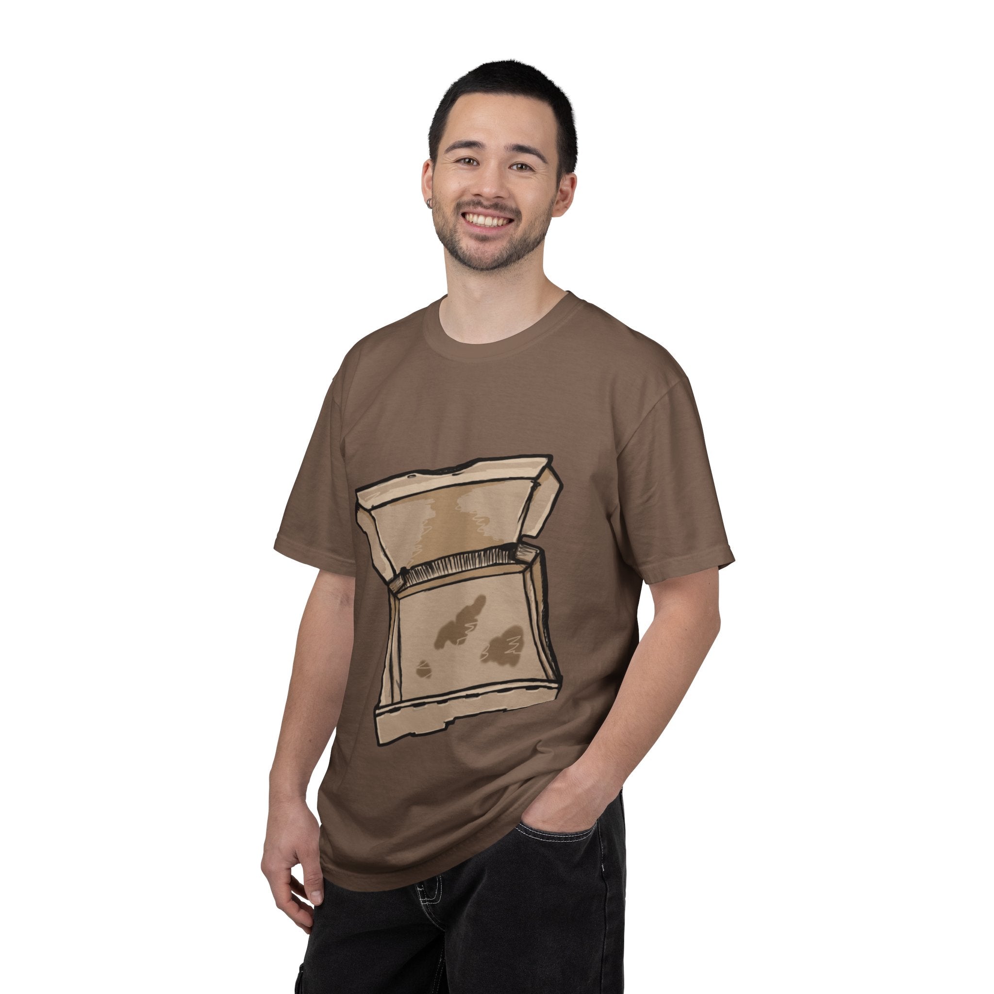 Hand-drawn empty pizza box t-shirt showing open box with grease stains on Comfort tee from PizzaBytes collection
