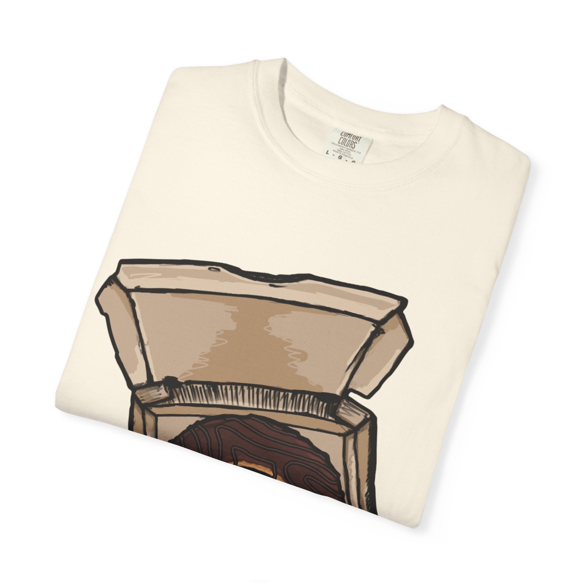 Hand-drawn donut pizza box t-shirt showing open pizza box with chocolate glazed donut from PizzaBytes collection

