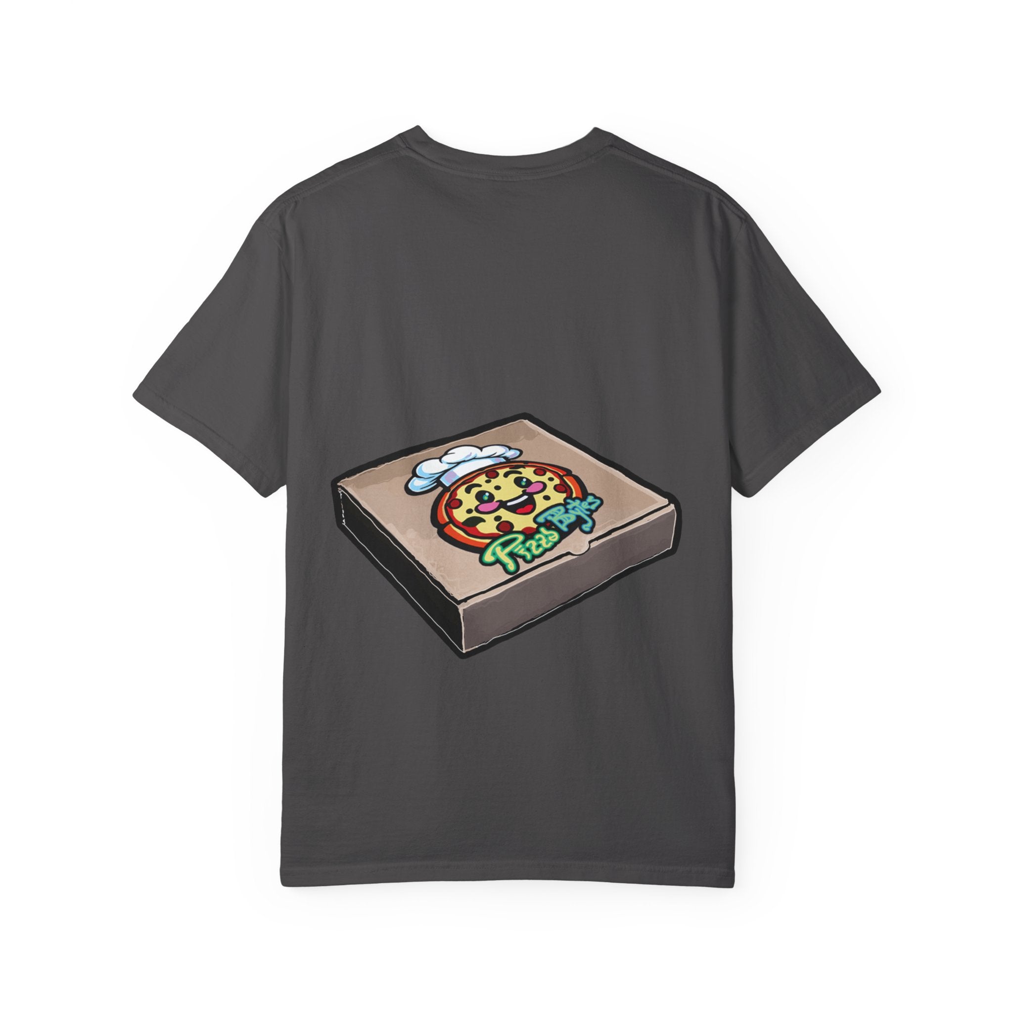 Hand-drawn swirl hypno pizza box t-shirt showing open pizza box with hypnotic spiral pattern from PizzaBytes collection
