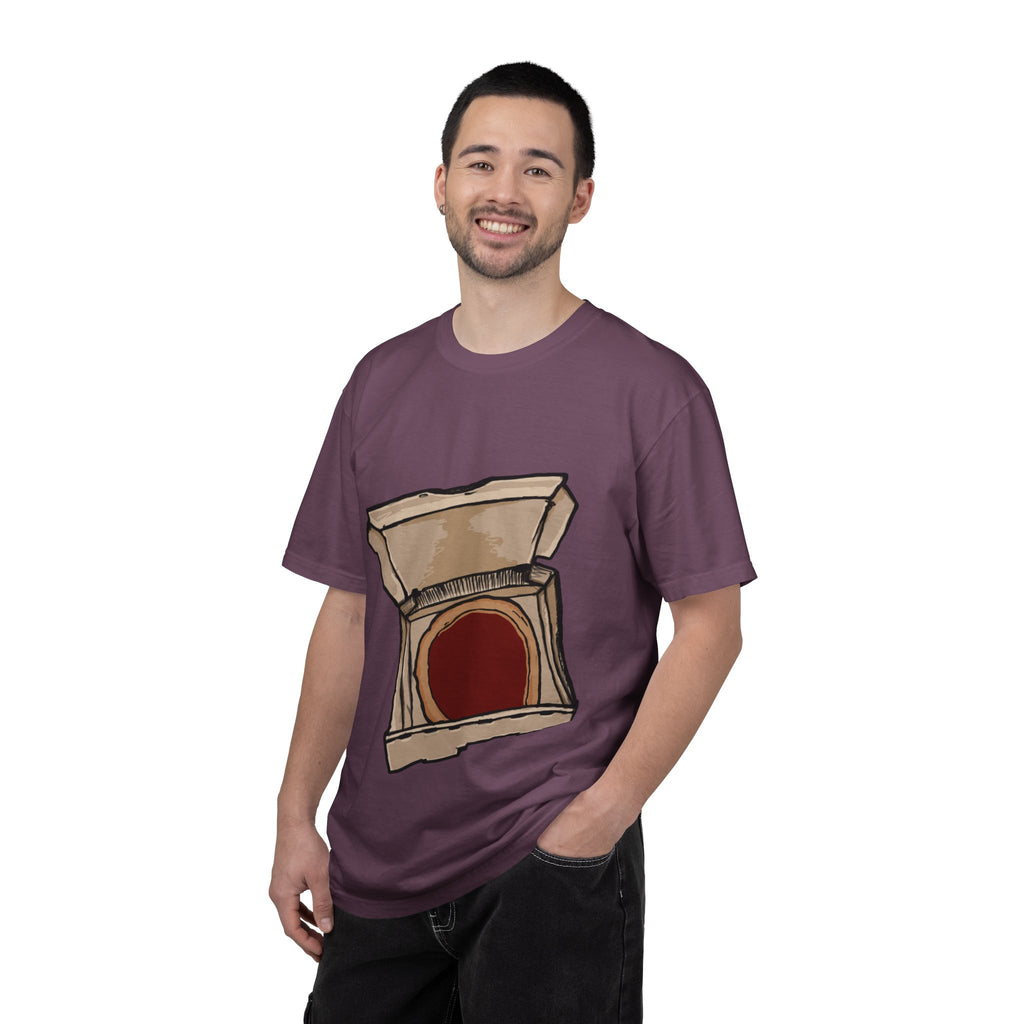 Hand-drawn red sauce pizza box t-shirt showing open pizza box with red sauce pizza from PizzaBytes collection

