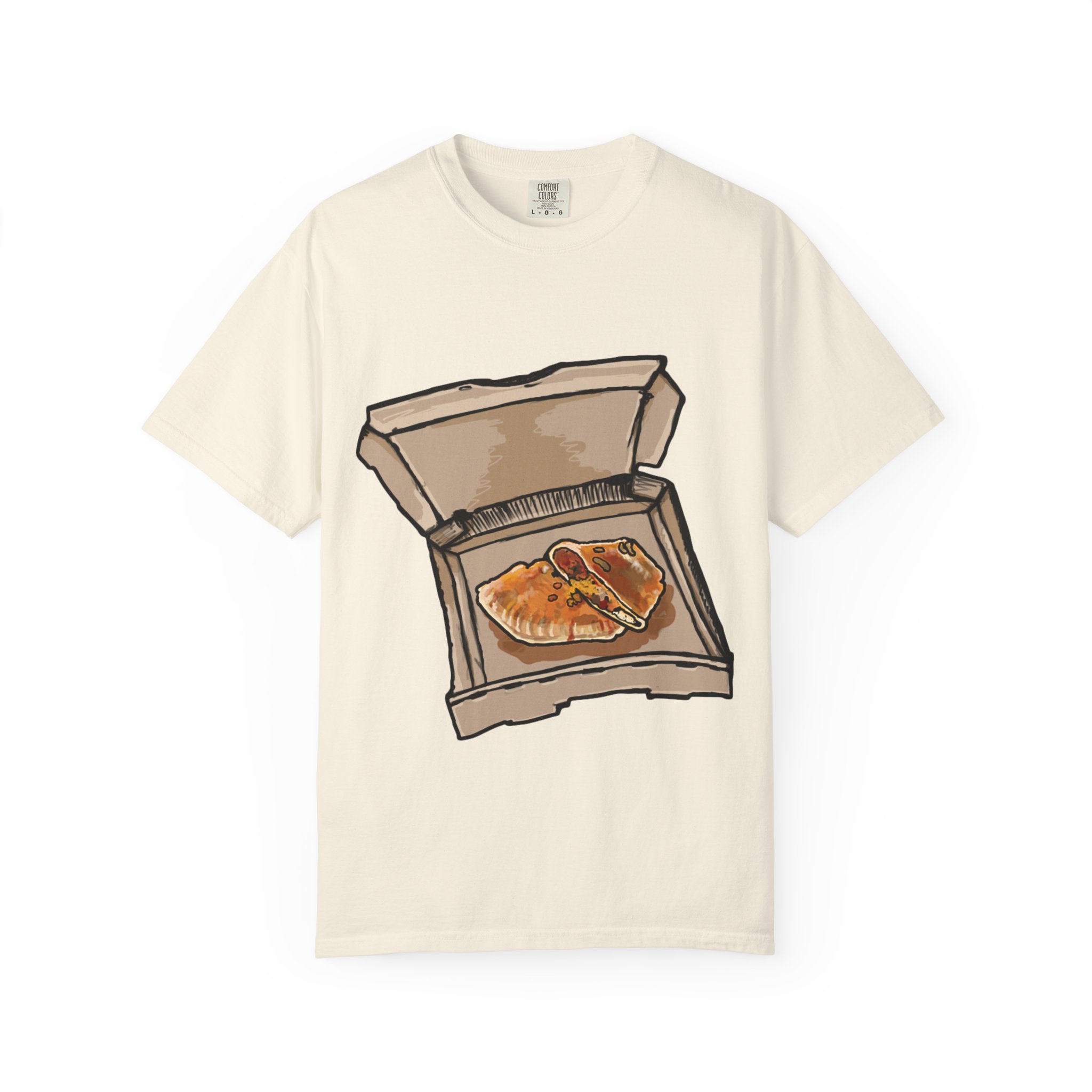 Hand-drawn calzone pizza box t-shirt showing open pizza box with two calzones from PizzaBytes collection

