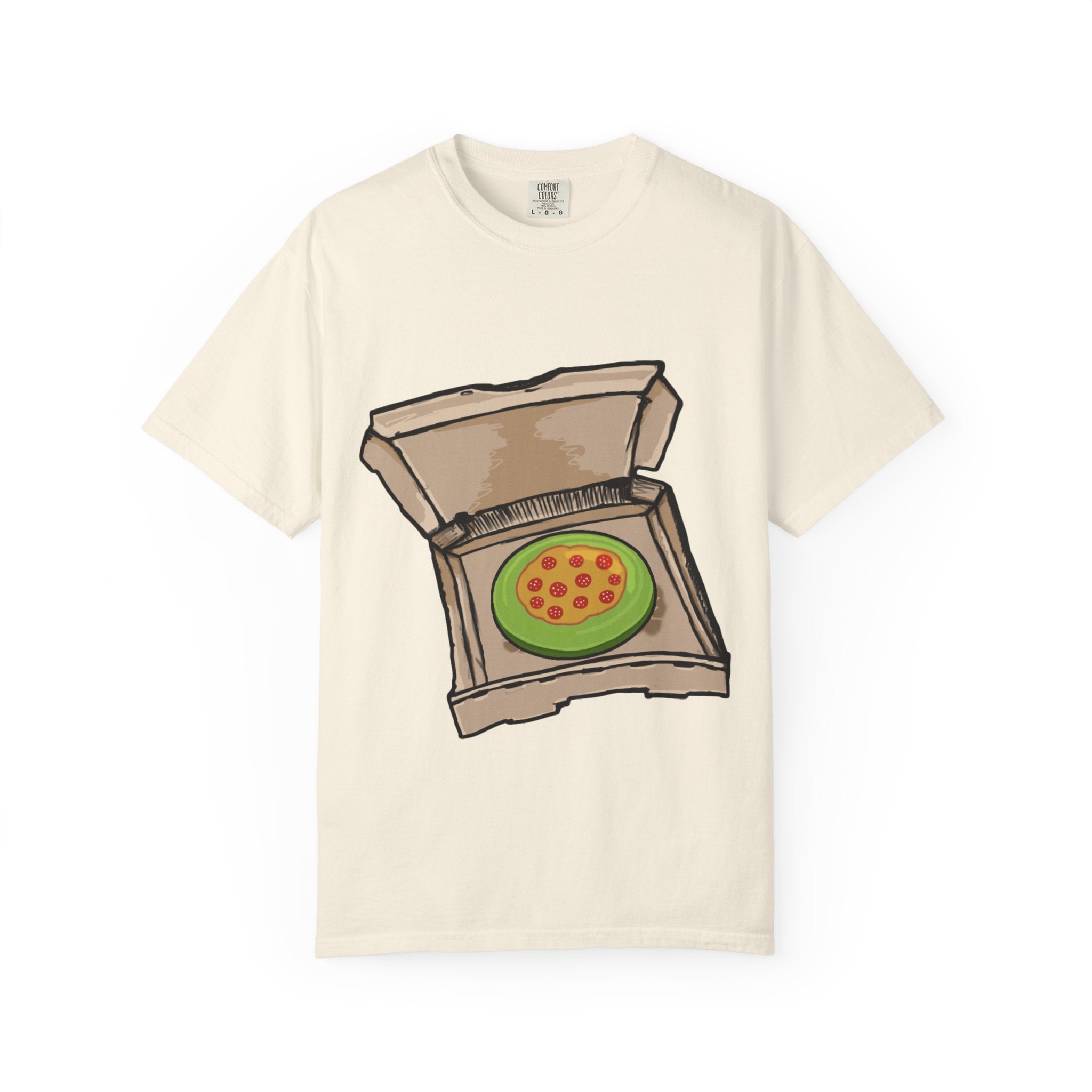 Hand-drawn frisbee pizza box t-shirt showing open pizza box with green frisbee pepperoni pizza from PizzaBytes collection

