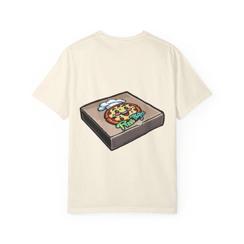 Hand-drawn pepperoni green pepper mushroom pizza box t-shirt showing open pizza box with pepperoni, green pepper and mushroom pizza from PizzaBytes collection

