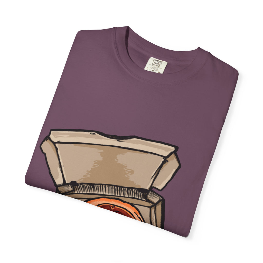 Hand-drawn classic pepperoni pizza box t-shirt showing open pizza box with pepperoni pizza from PizzaBytes collection

