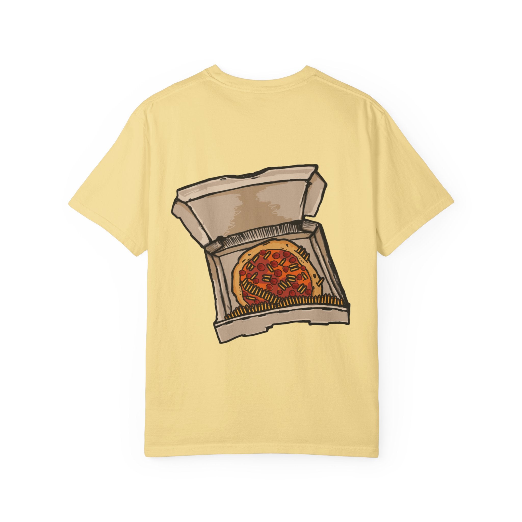 Freaky Features Flaming Skull t-shirt, front shows flaming skull with hypnotic eyes and chili nose, back shows open pizza box with loaded pepperoni pizza
