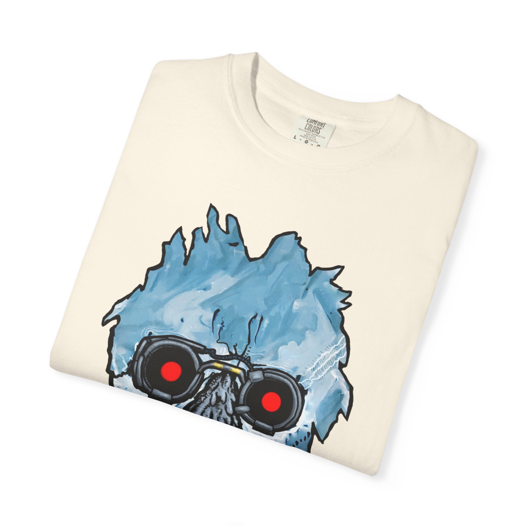 Freaky Features Iceman t-shirt, front shows frozen ice monster head with red goggles and fangs, back shows open pizza box with ice pizza inside
