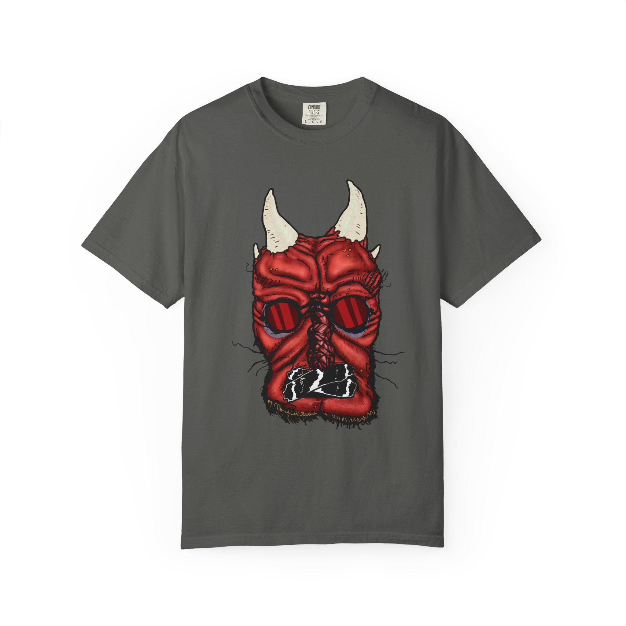 Freaky Features Demon t-shirt, front shows red demon head with horns and glowing eyes, back shows open pizza box being raided by little red devils
