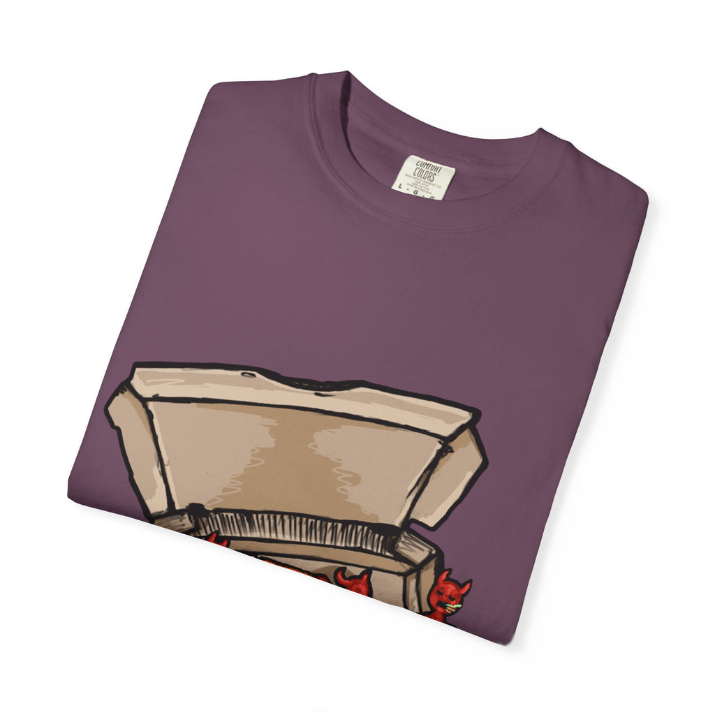 Hand-drawn little devils pizza box t-shirt showing open pizza box with cute red devils eating and stealing pepperoni pizza slices from PizzaBytes collection


