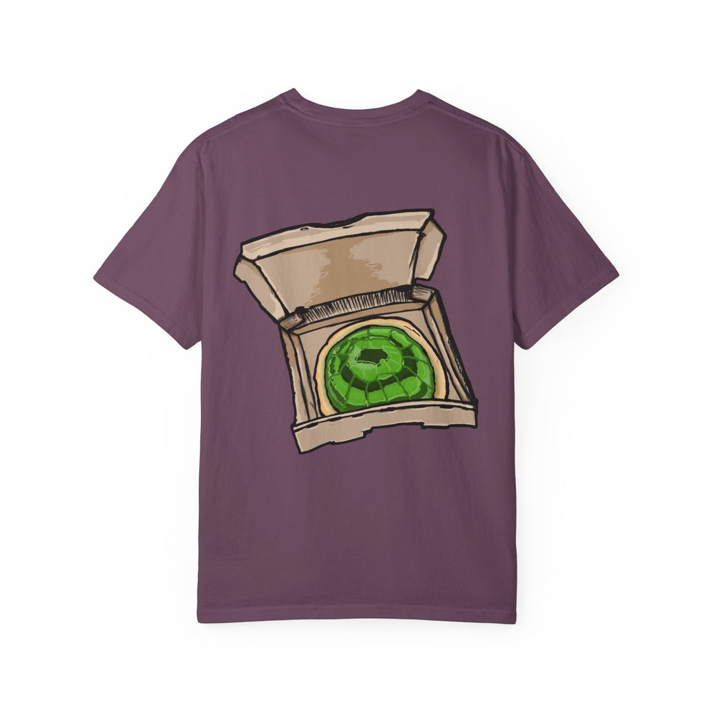 Freaky Features Radioactive Blob t-shirt, front shows neon green radioactive blob monster with cracked skull and glowing eyes, back shows open pizza box with glowing green jelly
