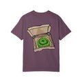 Freaky Features Radioactive Blob t-shirt, front shows neon green radioactive blob monster with cracked skull and glowing eyes, back shows open pizza box with glowing green jelly
