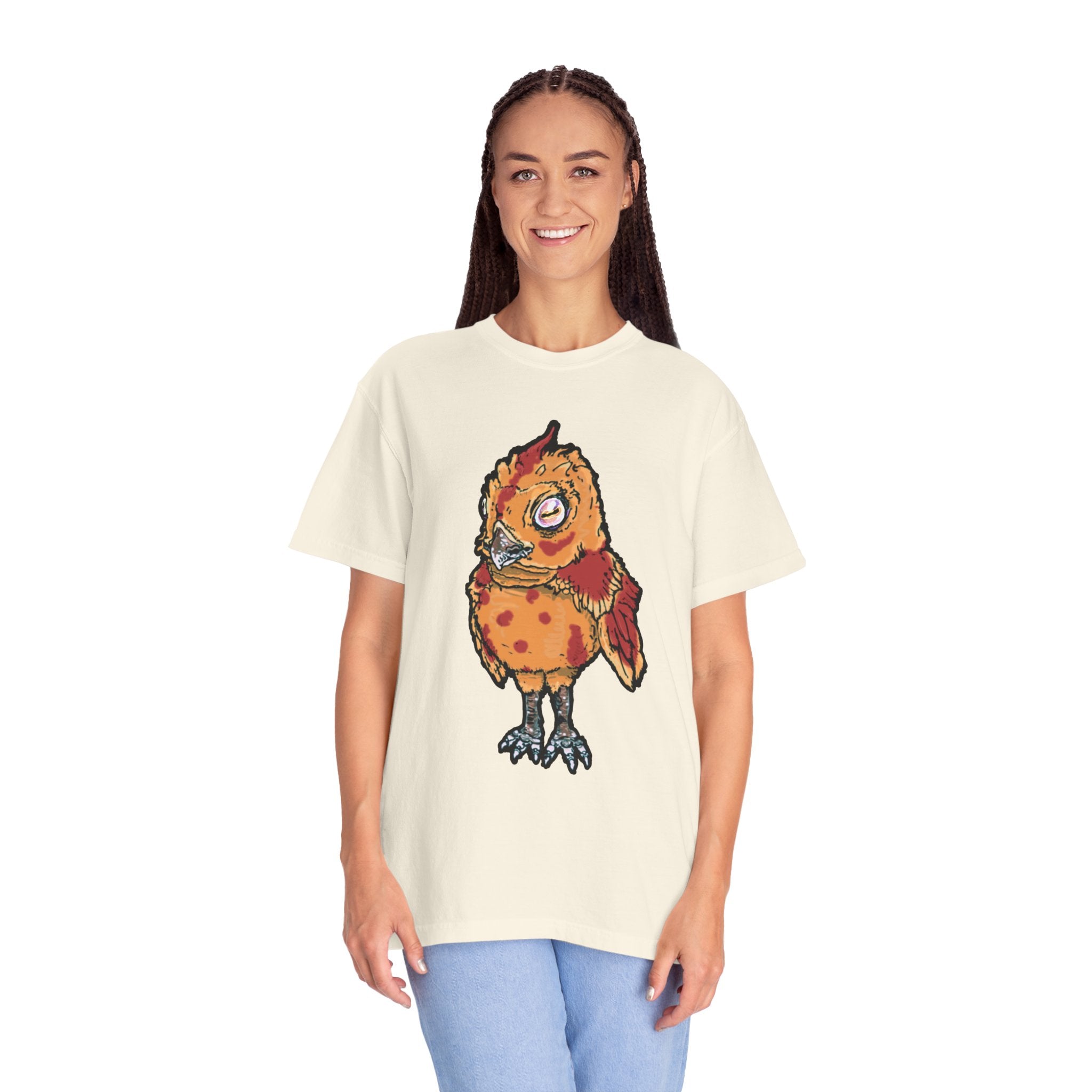Hand-drawn spotted pizza owl monster t-shirt with melted cheese spots, pepperoni red markings and big multicolored eye tee from PizzaBytes collection