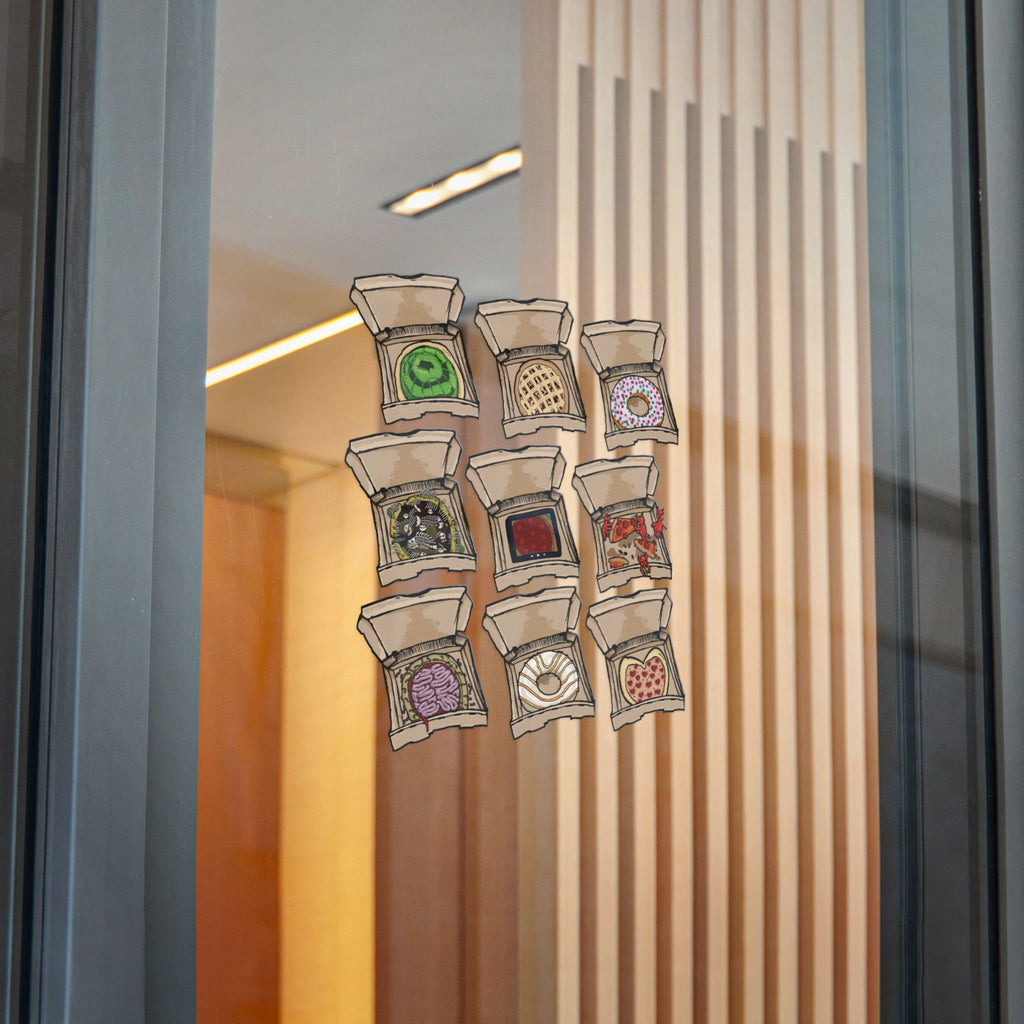 Transparent die-cut sticker set showing 9 open pizza boxes with weird designs: brain pizza, sewer pizza, ghost pizza, jelly pizza and more from PizzaBytes Set #1
