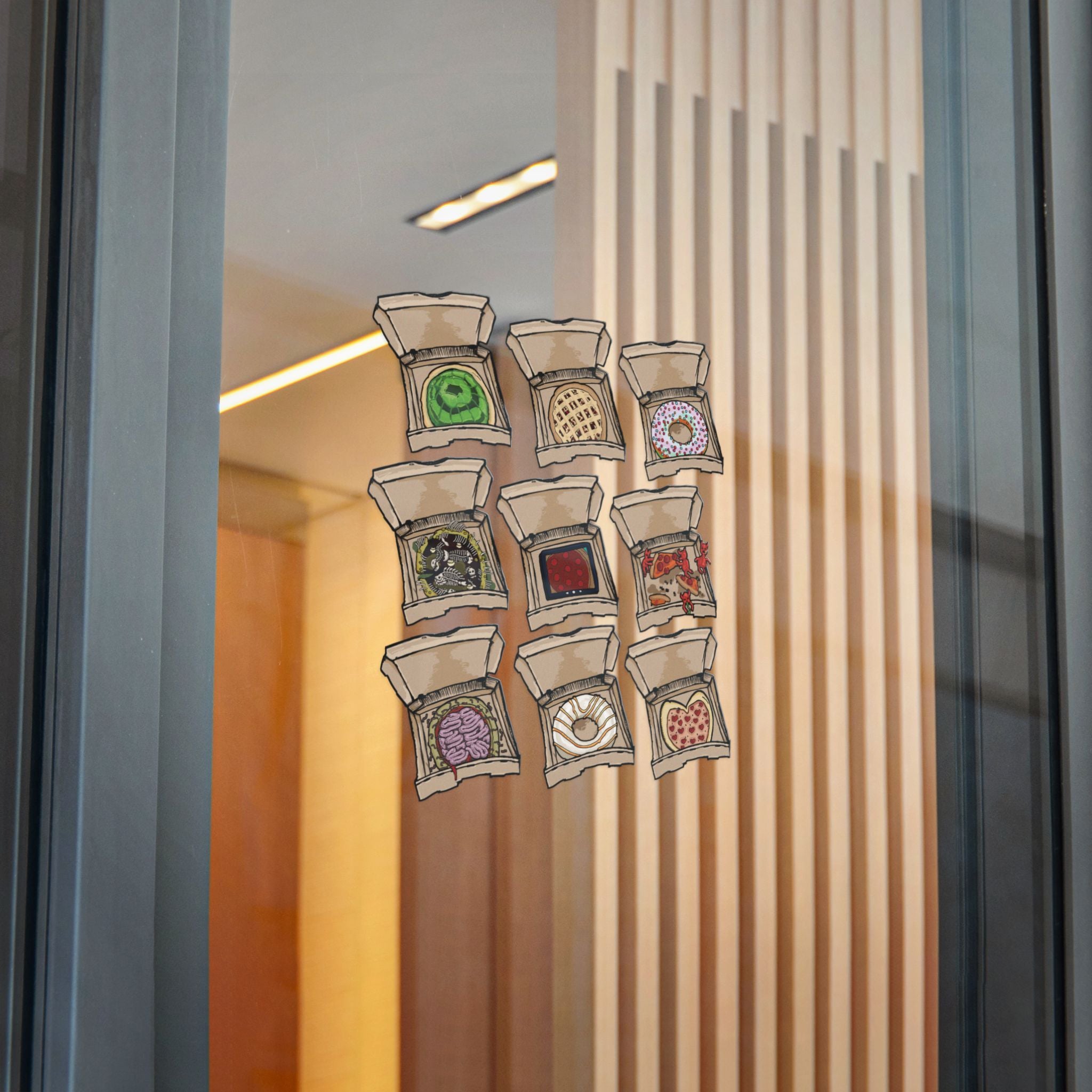 Transparent die-cut sticker set showing 9 open pizza boxes with weird designs: brain pizza, sewer pizza, ghost pizza, jelly pizza and more from PizzaBytes Set #1
