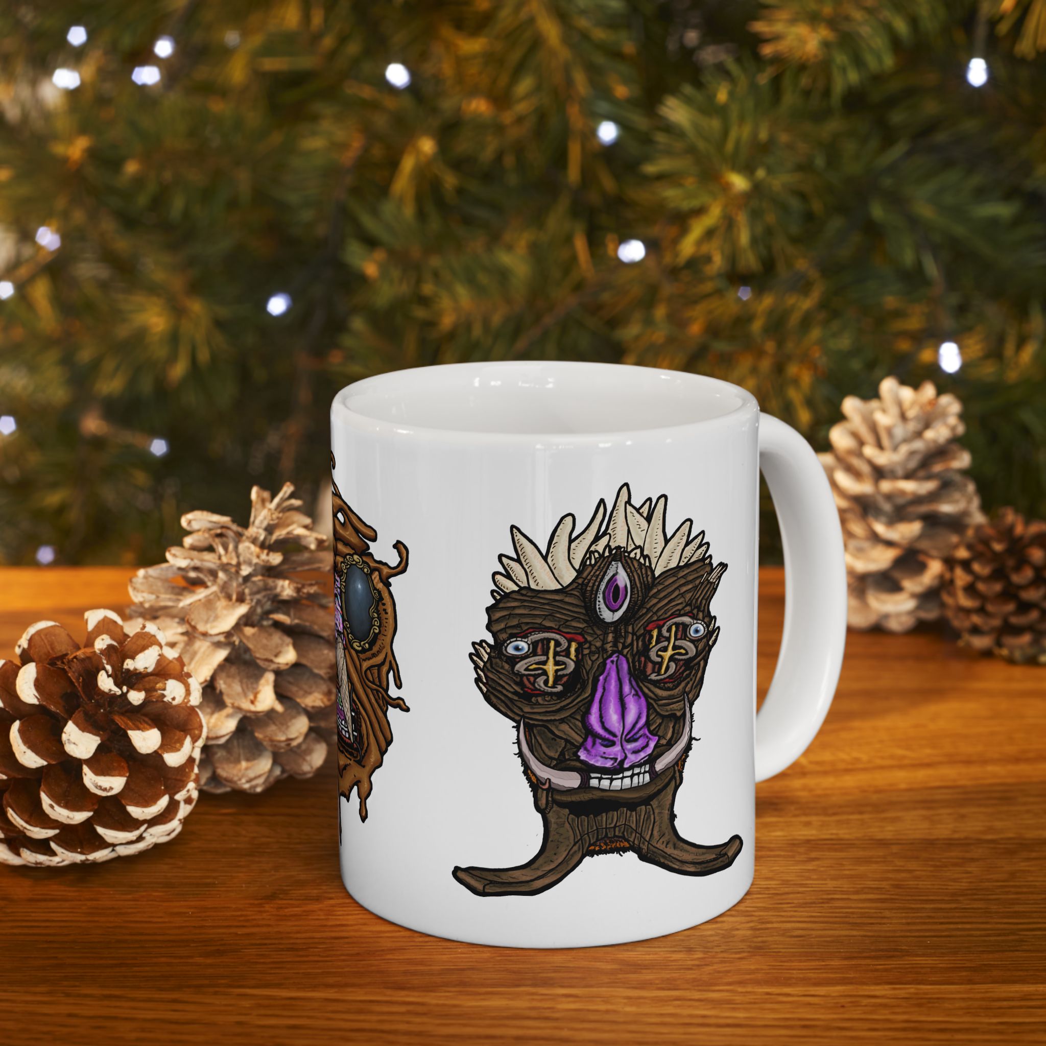 Freaky Features Sandman Radioactive Blob Shaman mug showing three monster designs: melting chocolate head with ice cream nose, neon green radioactive blob skull, and tribal shaman mask on white ceramic mug


