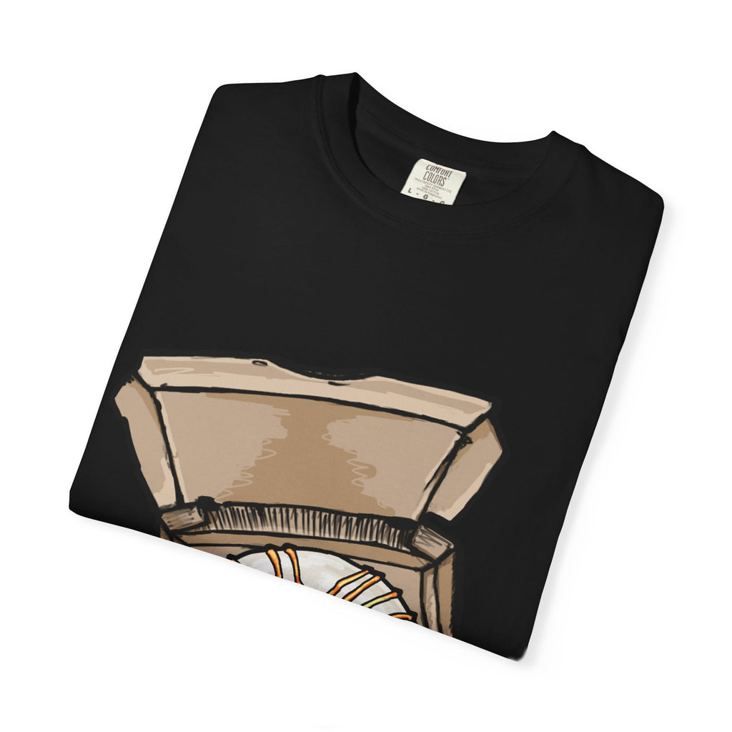 Hand-drawn donut pizza box t-shirt showing open pizza box with white-iced donut and orange drizzle from PizzaBytes collection

