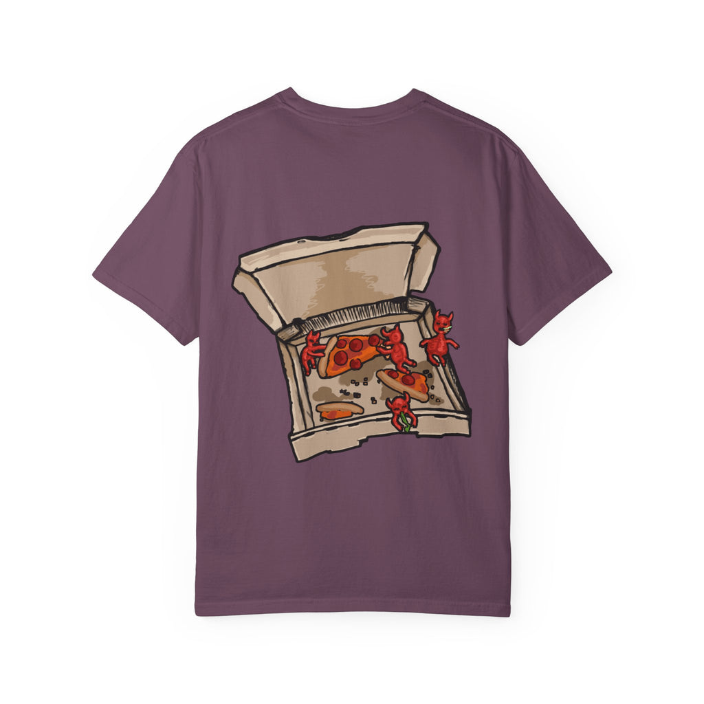 Freaky Features Demon t-shirt, front shows red demon head with horns and glowing eyes, back shows open pizza box being raided by little red devils
