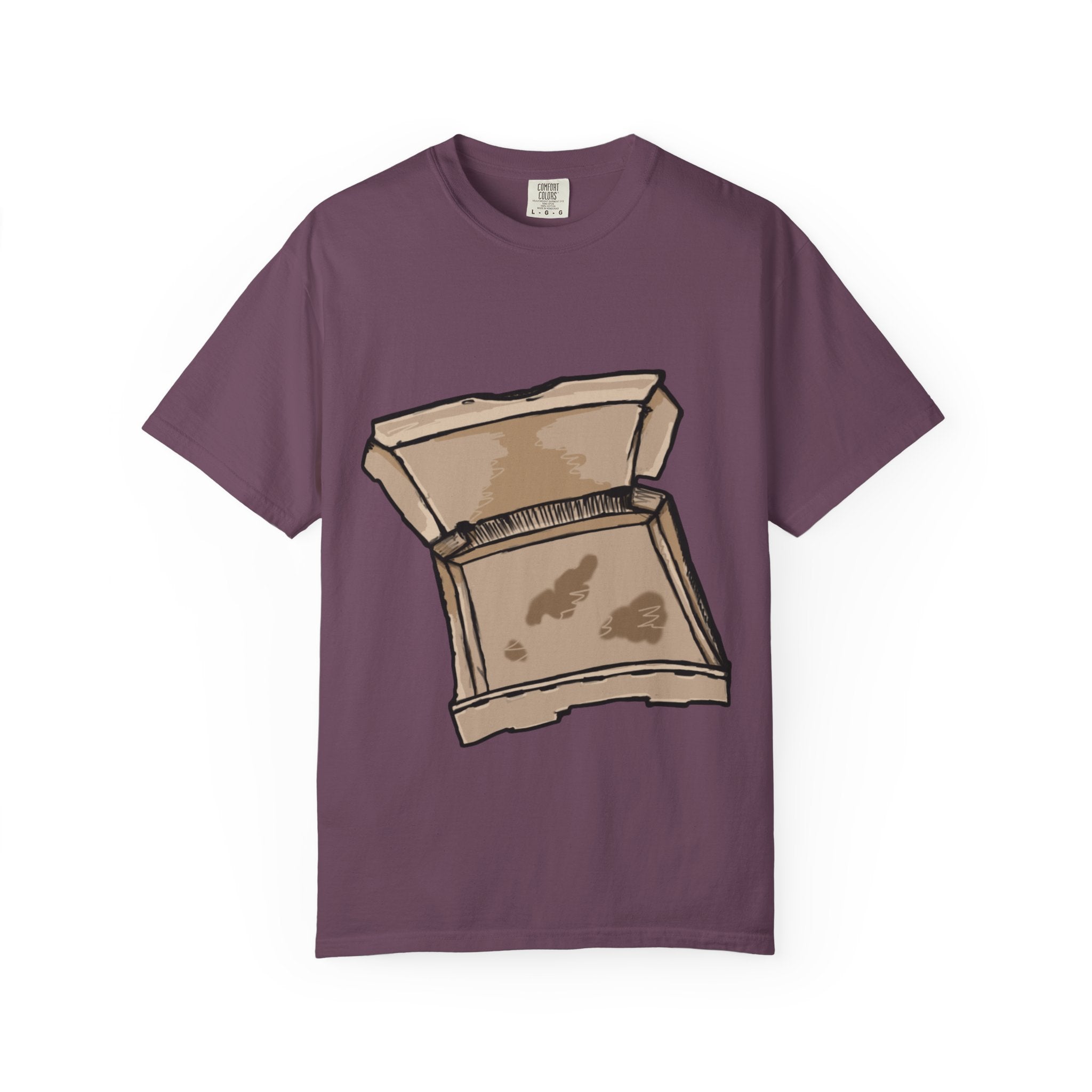 Hand-drawn empty pizza box t-shirt showing open box with grease stains on Comfort tee from PizzaBytes collection
