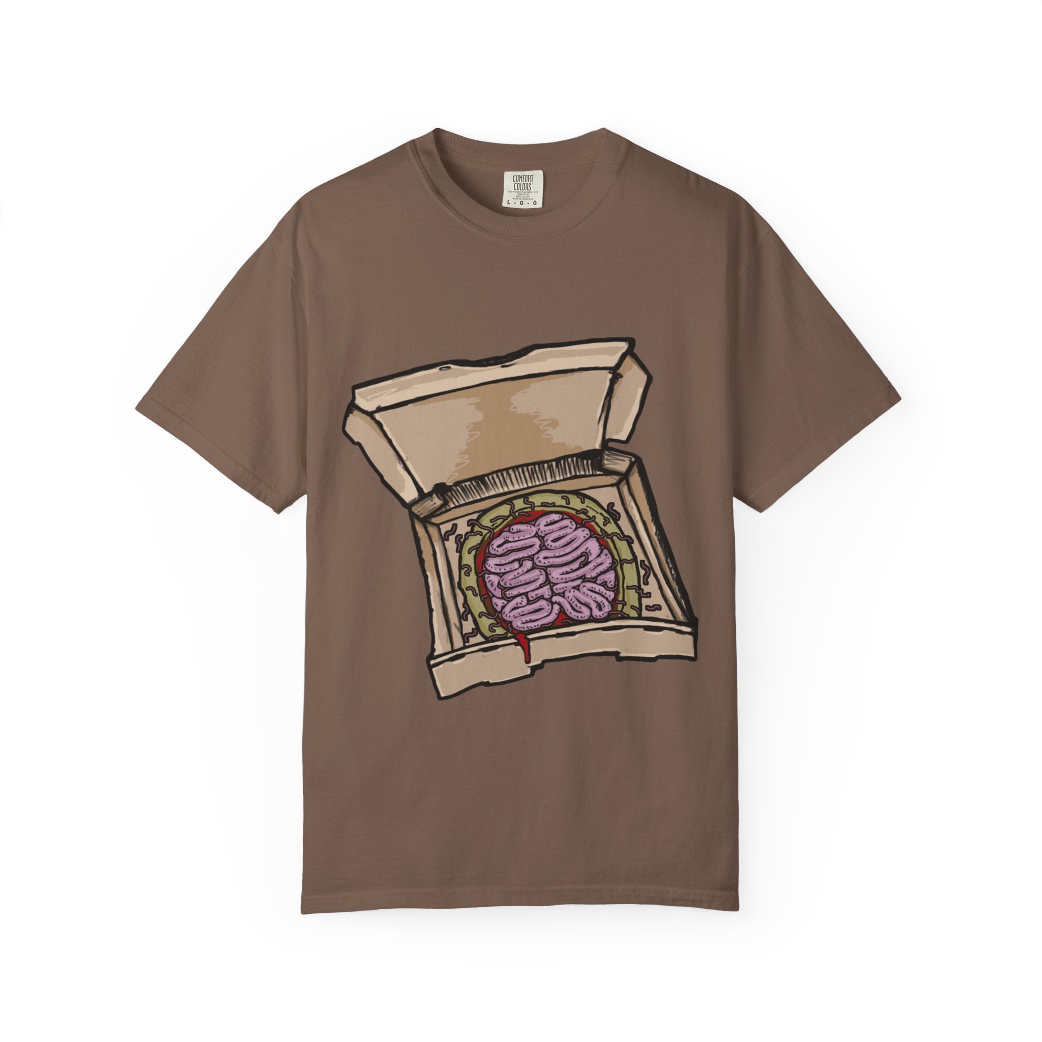 Hand-drawn brain pizza box t-shirt showing open pizza box with a detailed human brain pizza from PizzaBytes collection

