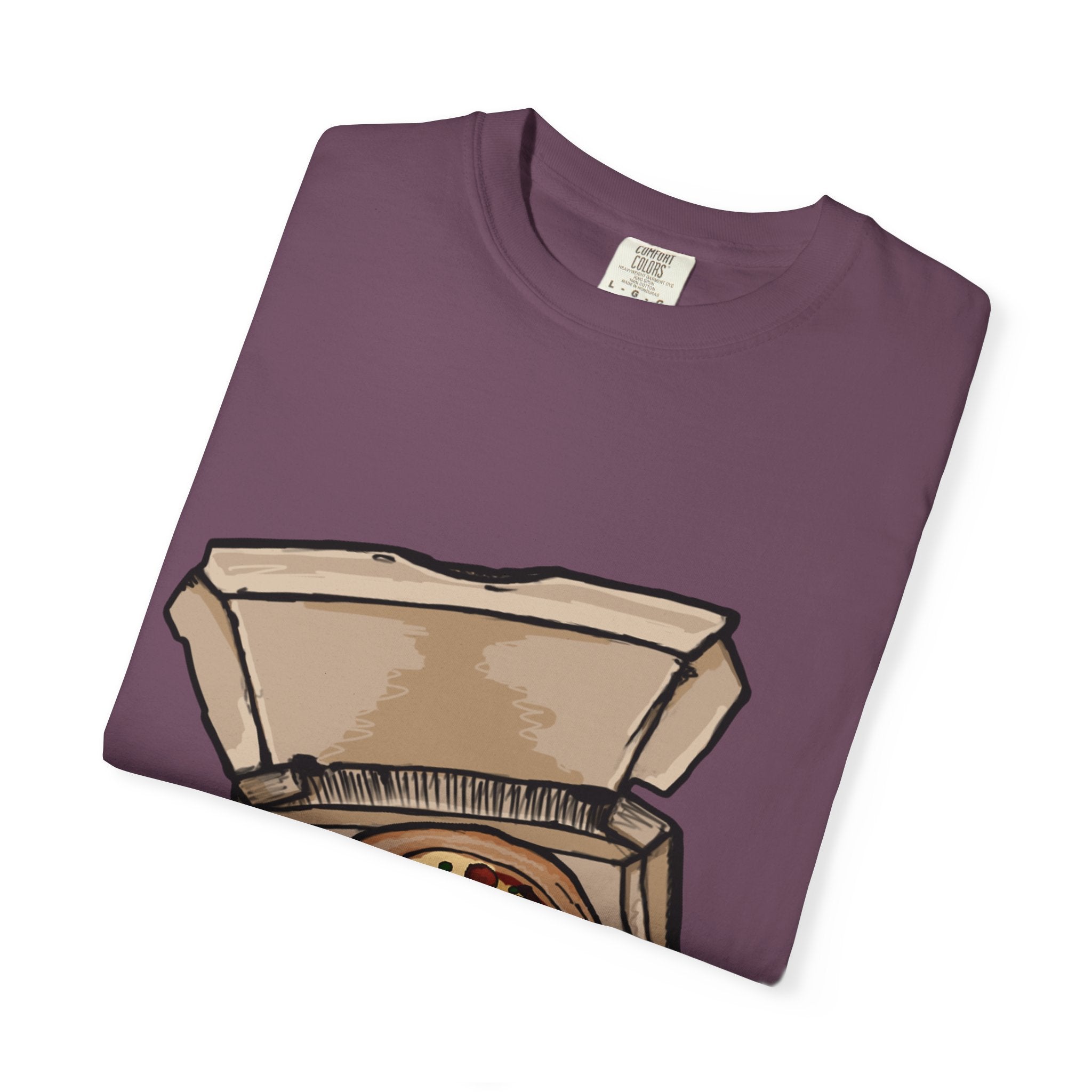 Hand-drawn pepperoni bacon pineapple pizza box t-shirt showing open pizza box with pepperoni, bacon and pineapple pizza from PizzaBytes collection

