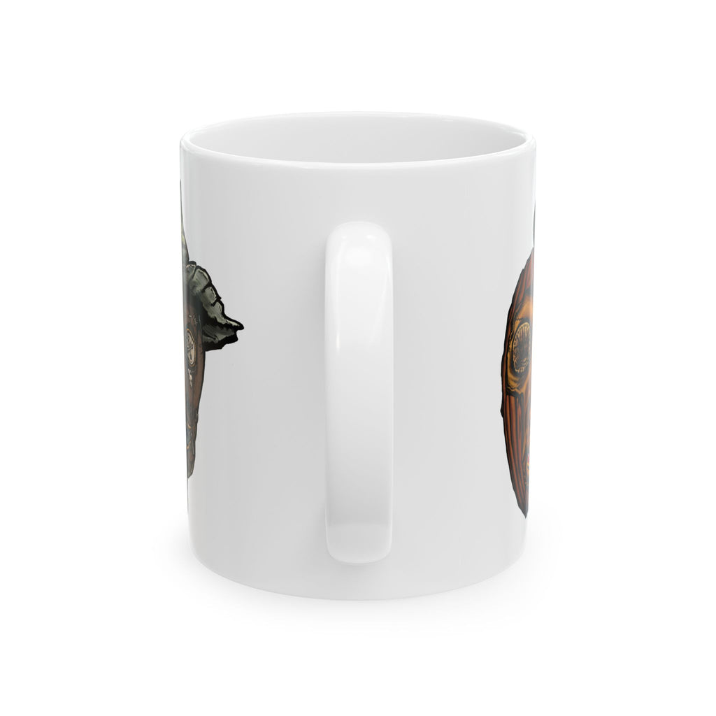 Freaky Features Werewolf Scarecrow PumpkinJack mug showing three monster designs: brown werewolf with yellow eyes, scarecrow with witch hat, and carved pumpkin head on white ceramic mug
