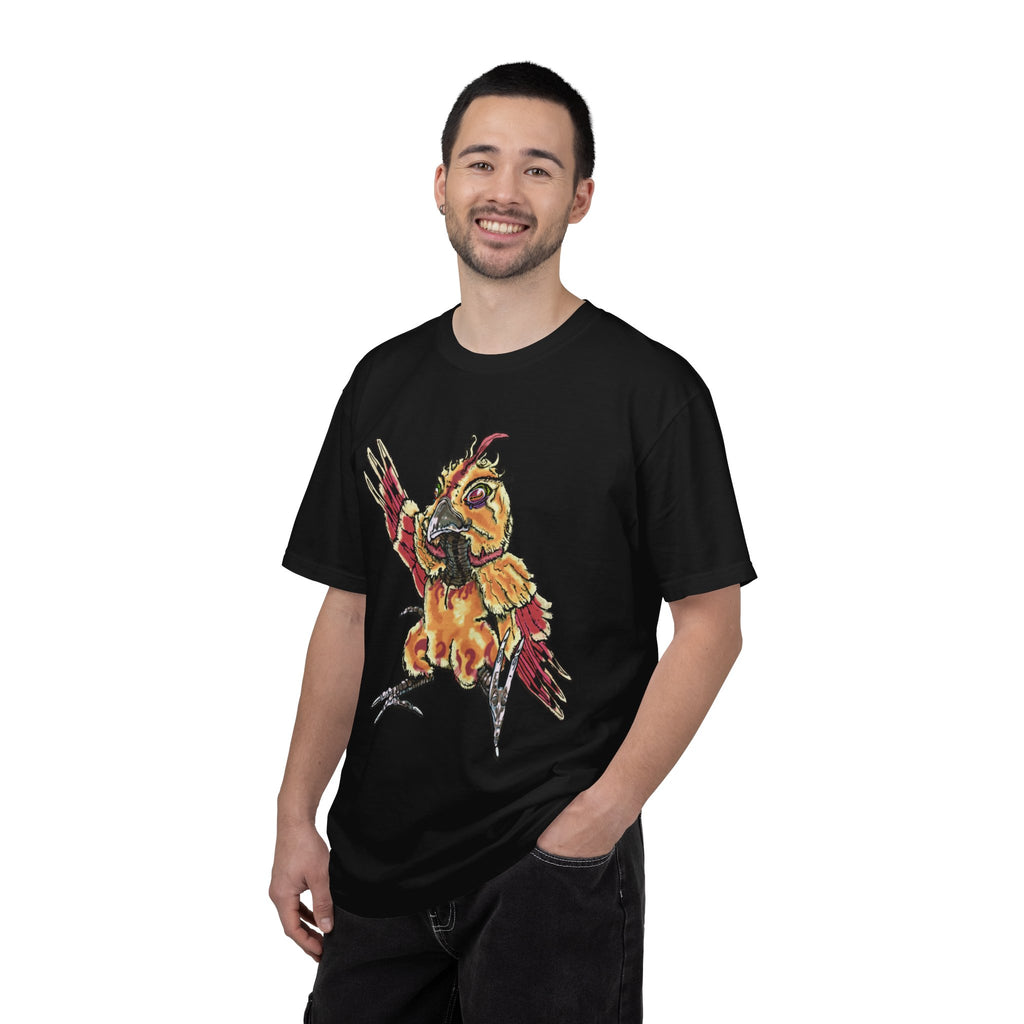 Fiery Inferno Phoenix Pizza Monster T-Shirt, Hand-drawn pizza phoenix with melted cheese flames, pepperoni wings, and glowing eyes on Comfort Colors tee from PizzaBytes collection

