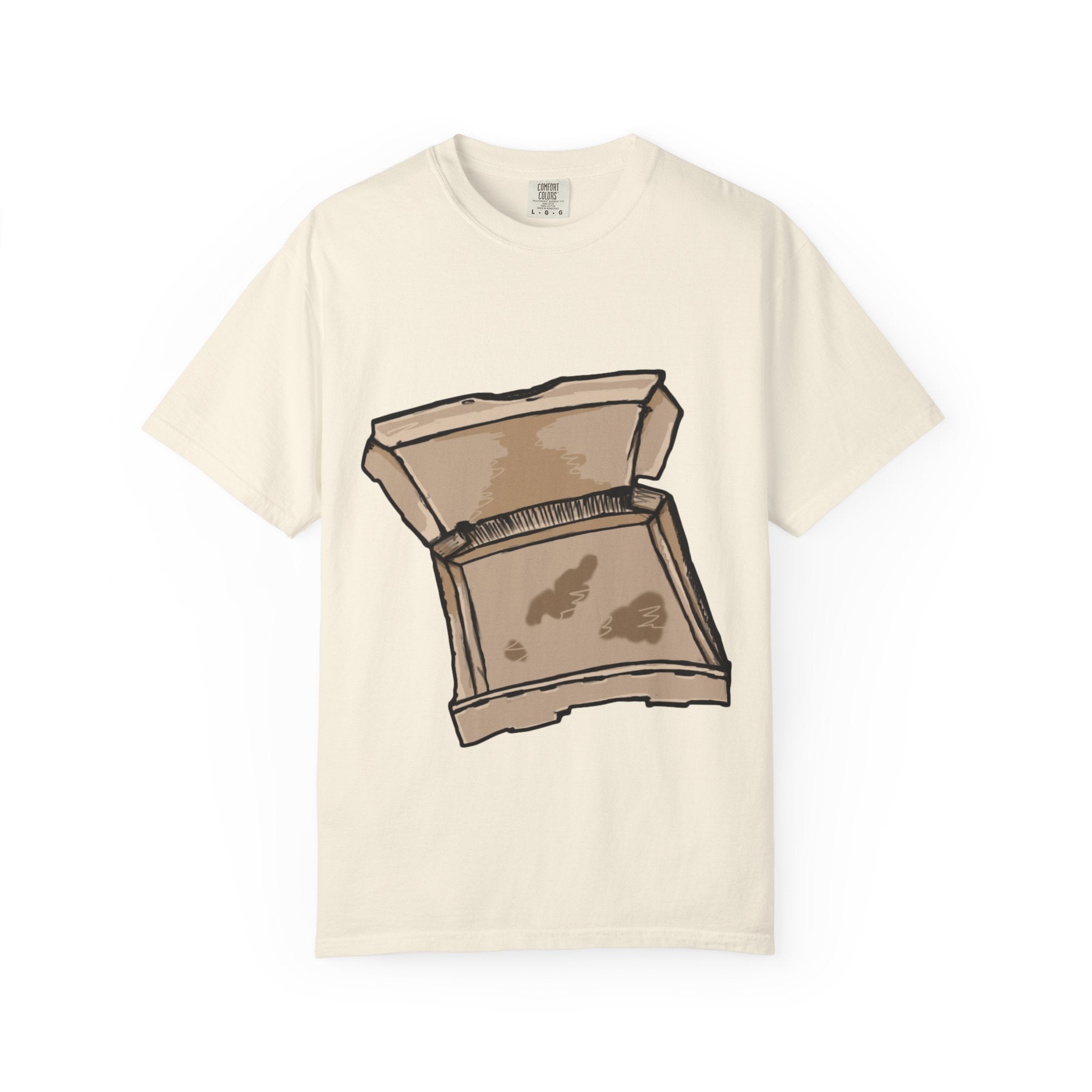 Hand-drawn empty pizza box t-shirt showing open box with grease stains on Comfort tee from PizzaBytes collection
