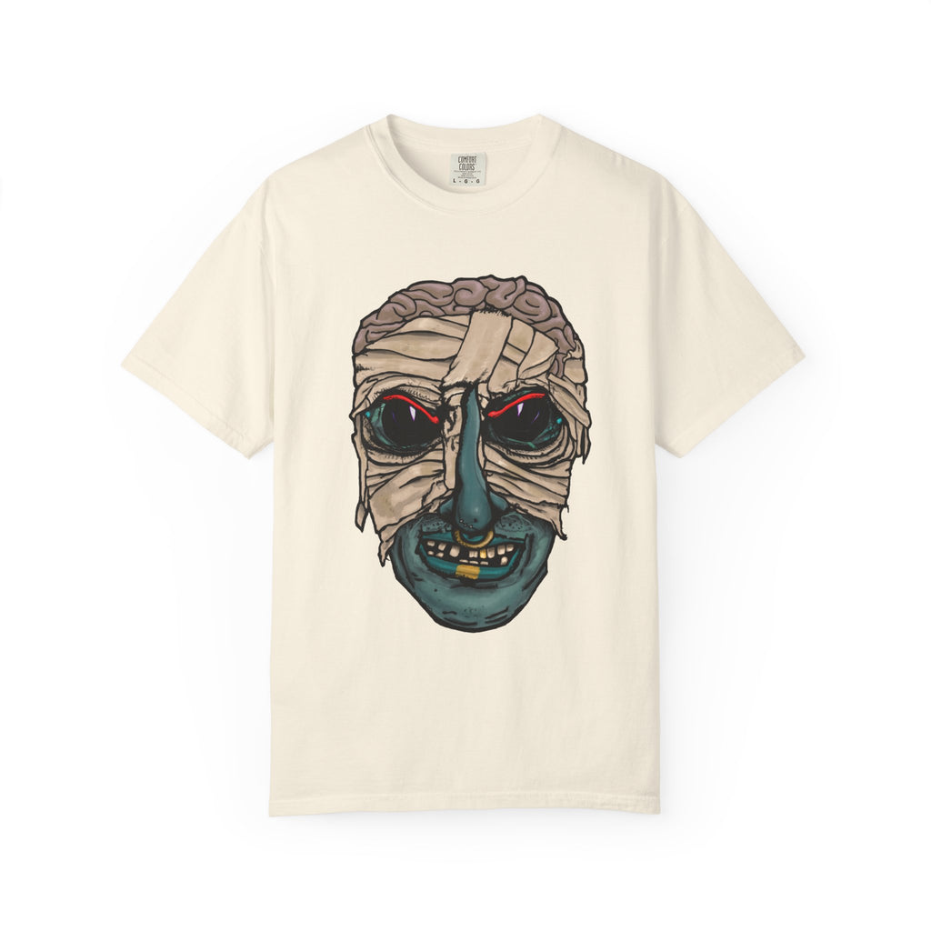 Freaky Features Mummy t-shirt, front shows bandaged mummy head with exposed brain and glowing eyes, back shows open pizza box with brain pizza and worms
