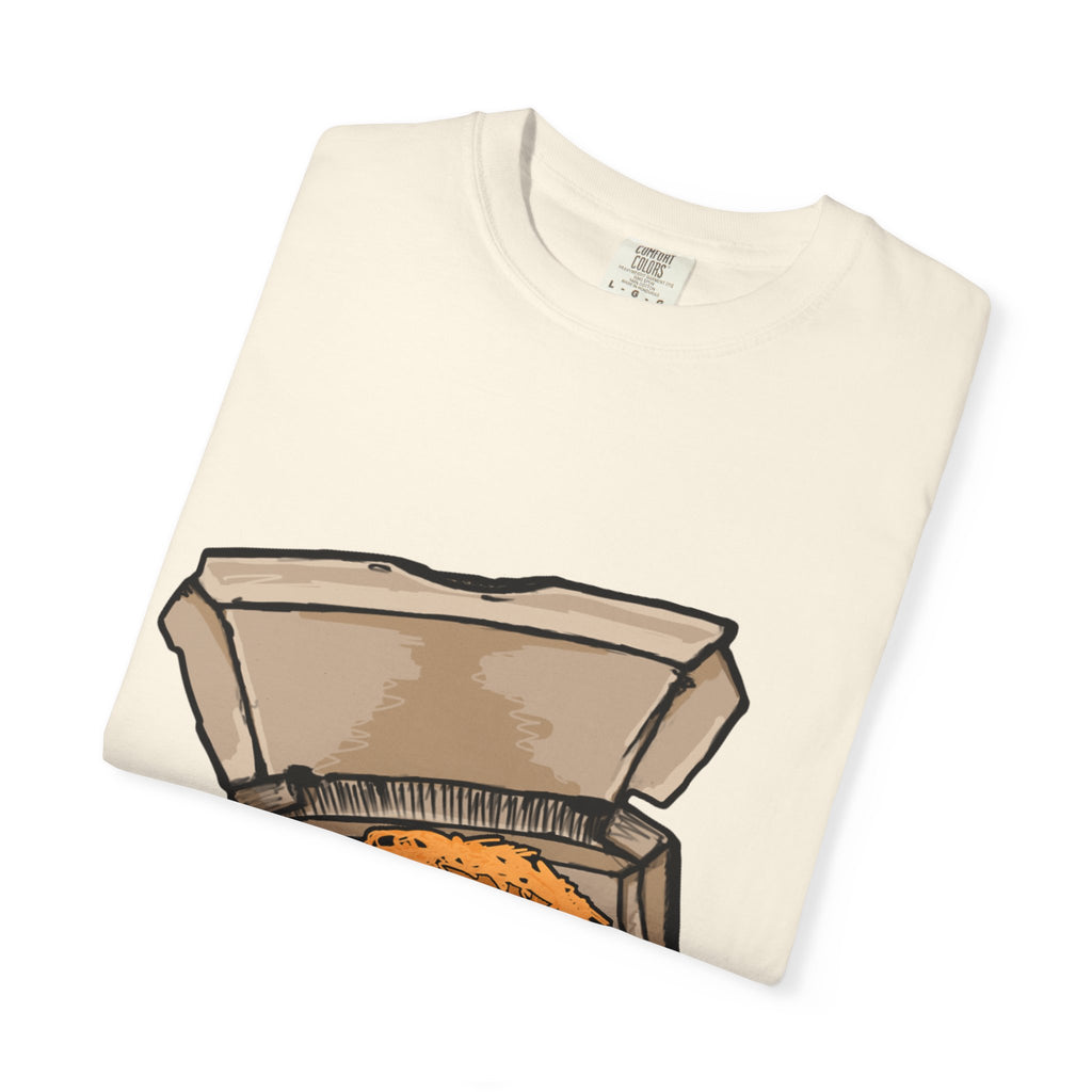 Hand-drawn bird nest pizza box t-shirt showing open pizza box with a straw nest and blue eggs from PizzaBytes collection

