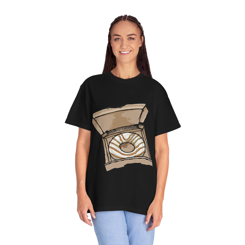 Hand-drawn donut pizza box t-shirt showing open pizza box with white-iced donut and orange drizzle from PizzaBytes collection

